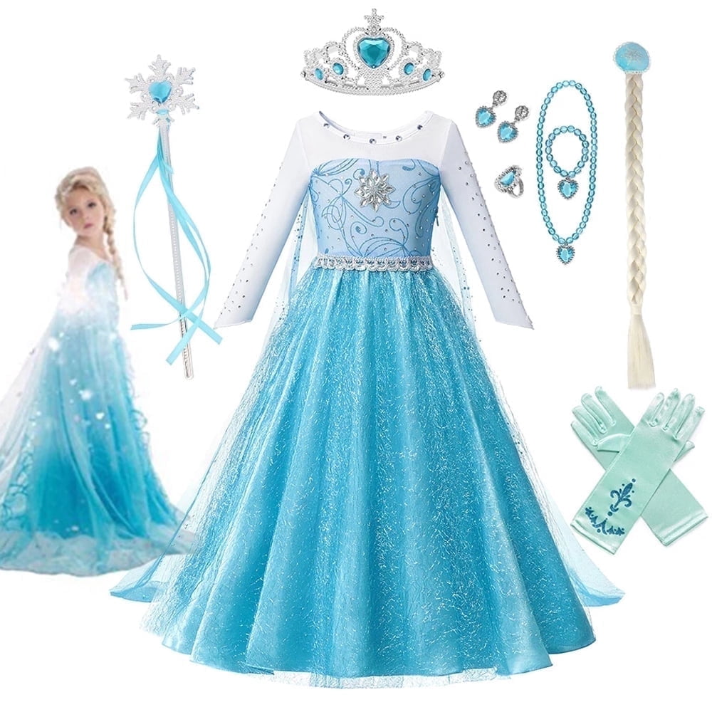 Mavlly Princess Costume for Girls Snow Queen Cosplay Dress with Accessories Set (Blue, 8) wcbzh