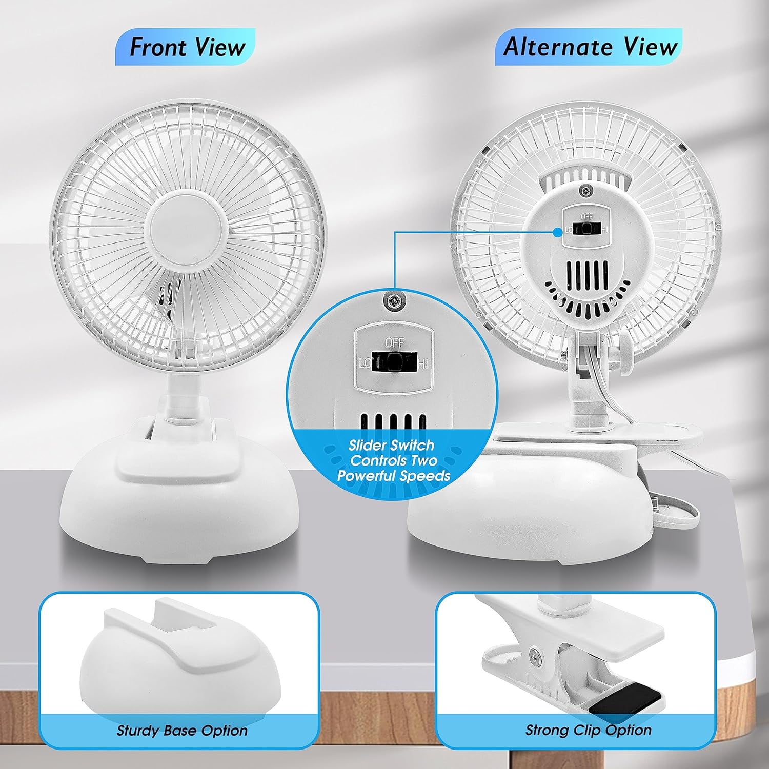 EZ-Chill 6 in Personal Clip or Desk Fan with Adjustable Tilt and 2-Speed Settings (White, 6 in) 4ae9m