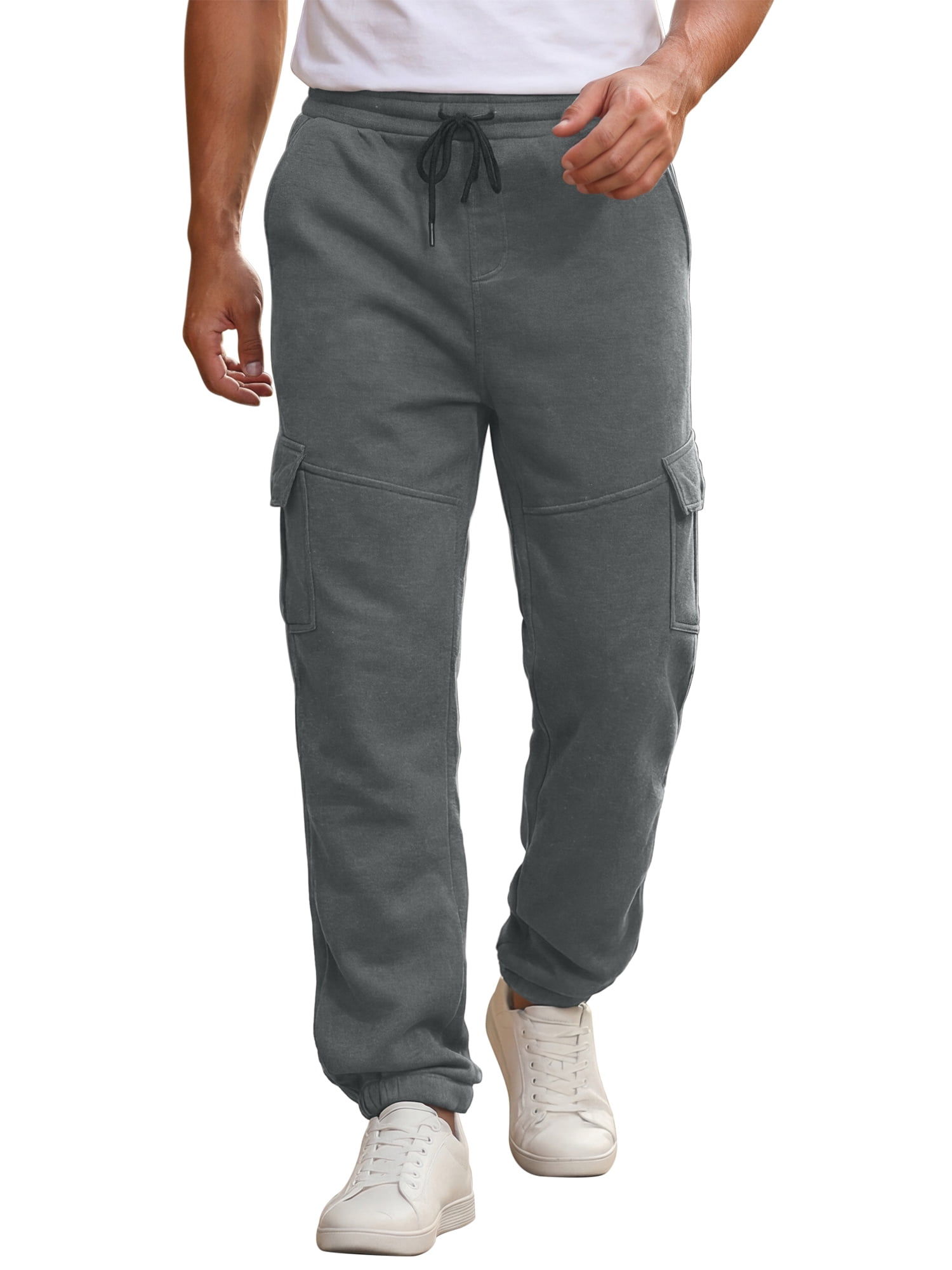 INSPIRE CHIC Men's Fleece Lined Cargo Sweatpants with Drawstring Waist and Multiple Pockets (Gray, 30 in) noc3n