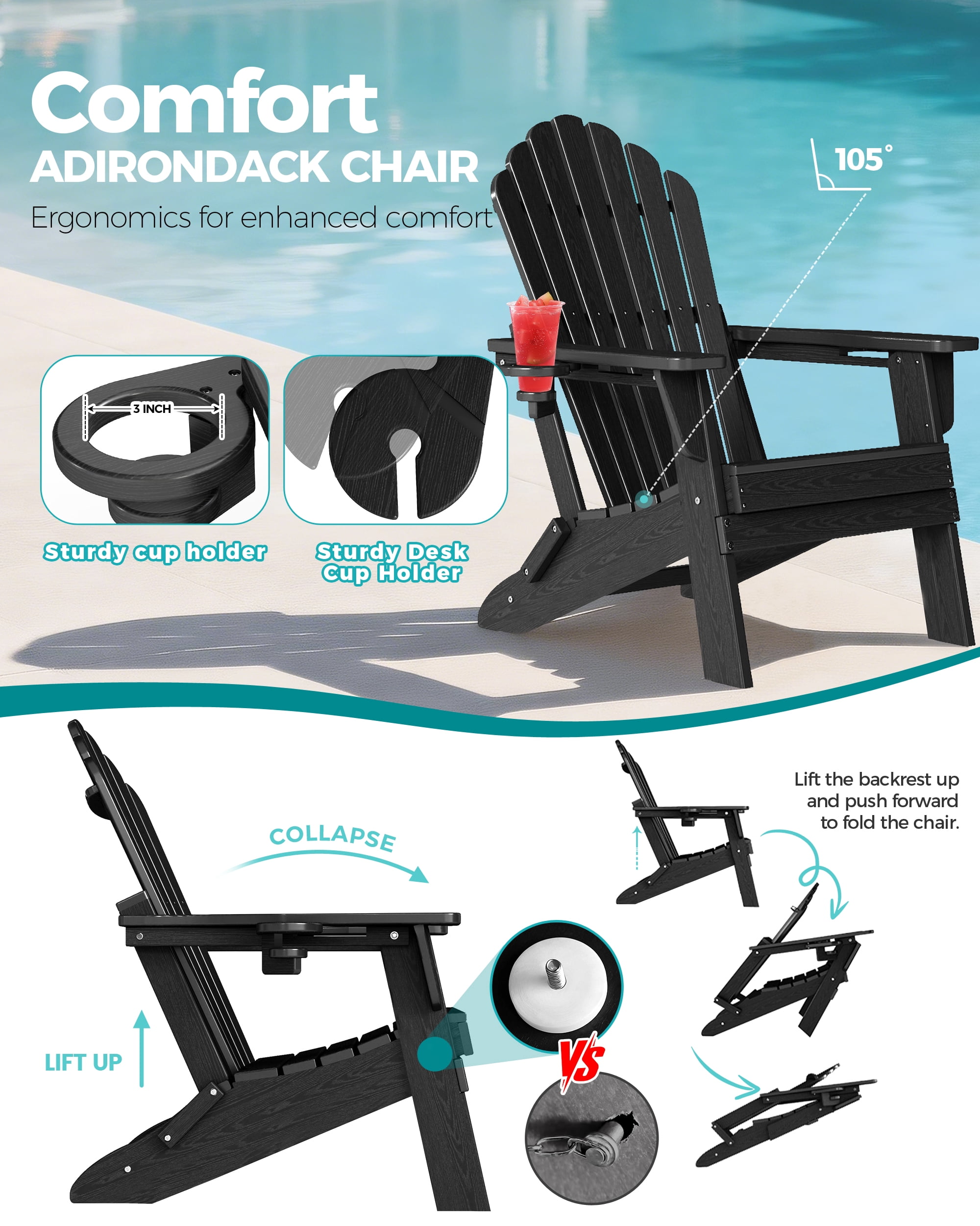 Cobiod Outdoor Adirondack Chair, Foldable Lawn Chair with Dual Cup Holders, Weather Resistant High Back (Black, 33 in Backrest) lp9tx