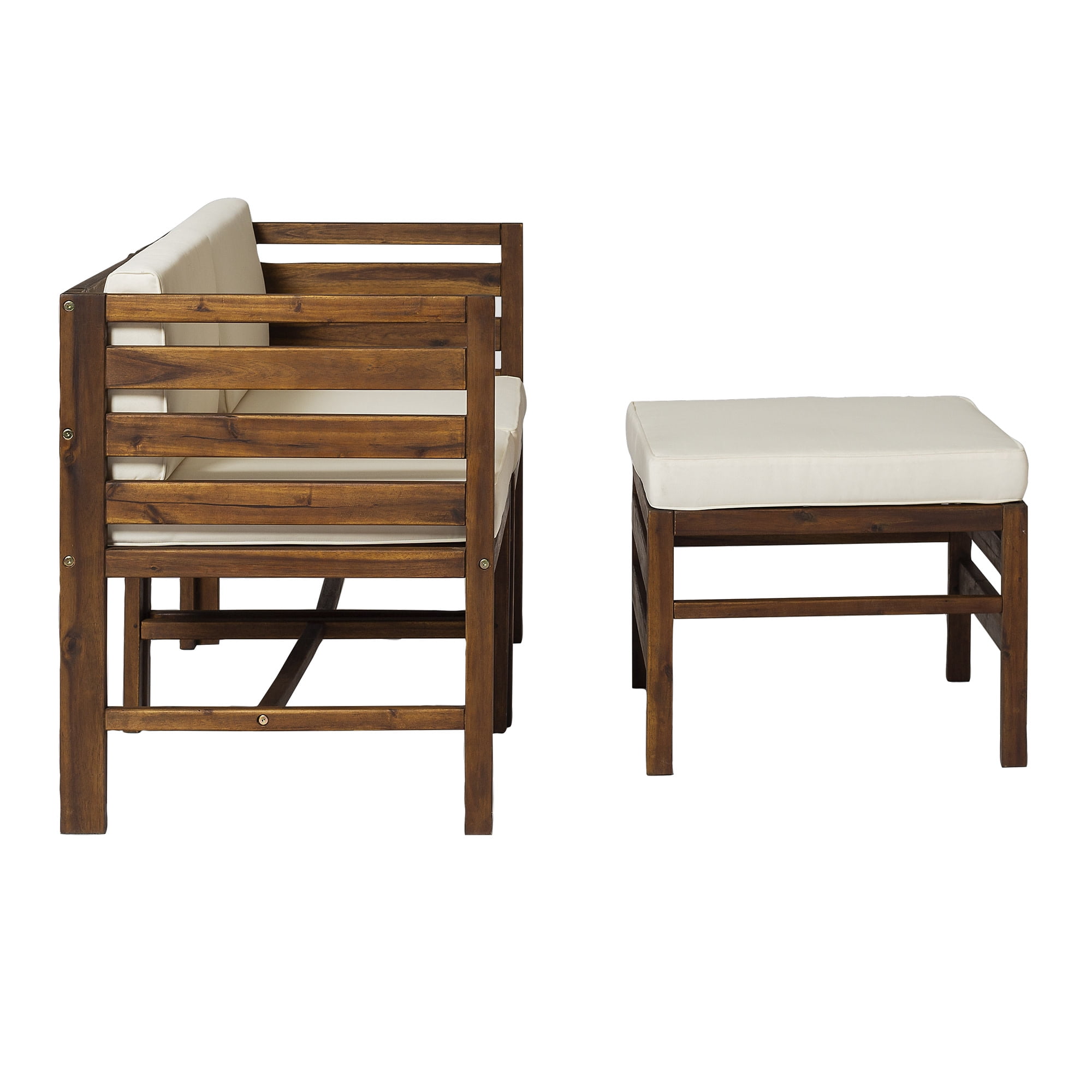 Walker Edison Modular Outdoor Acacia Wood Patio Chair and Ottoman Set (Dark Brown, 3 Piece) lckzh