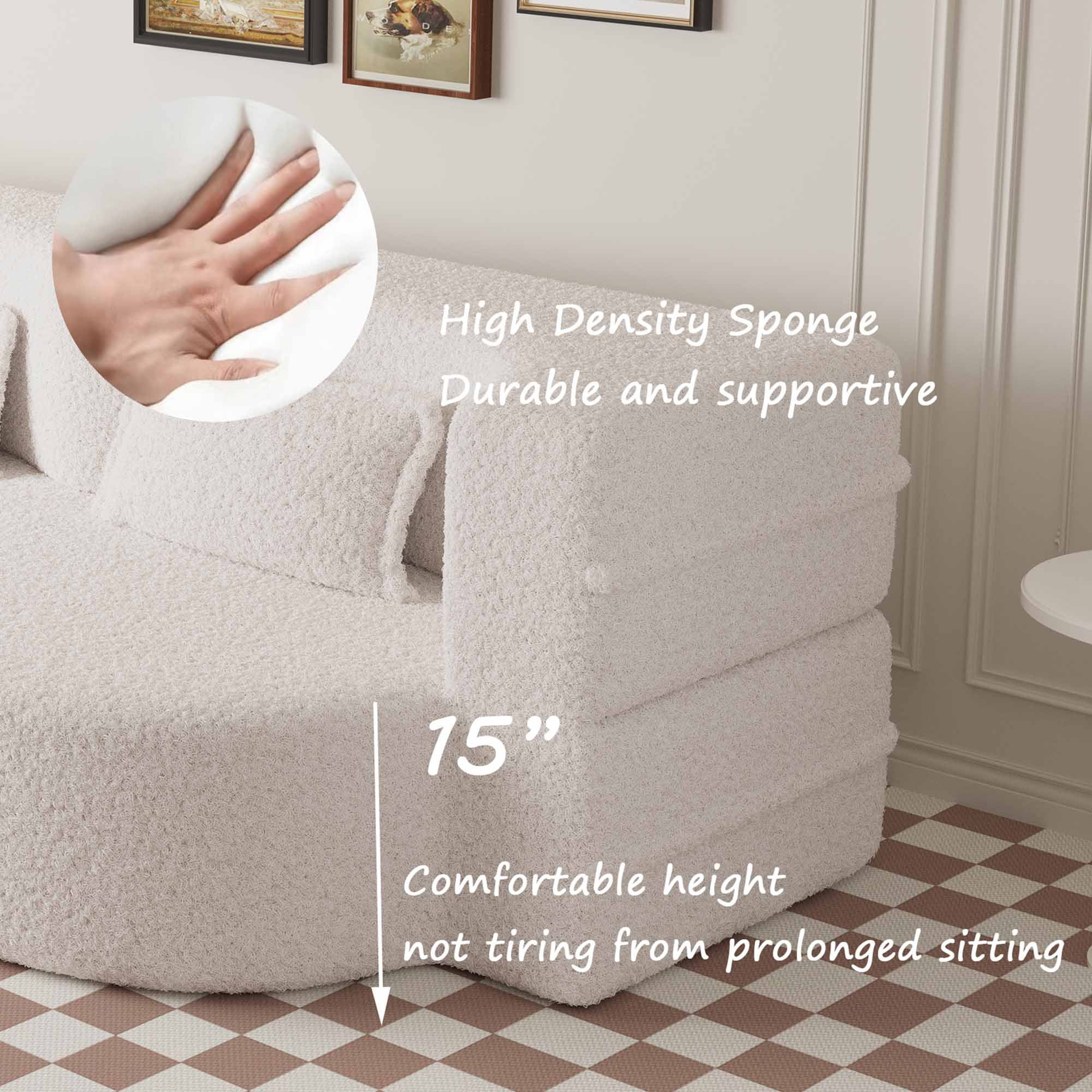 FIRSCOOK Convertible Sleeper Sofa Bed, Teddy Fabric Folding Floor Couch with 2 Pillows (Beige, Full Size) hx0zq