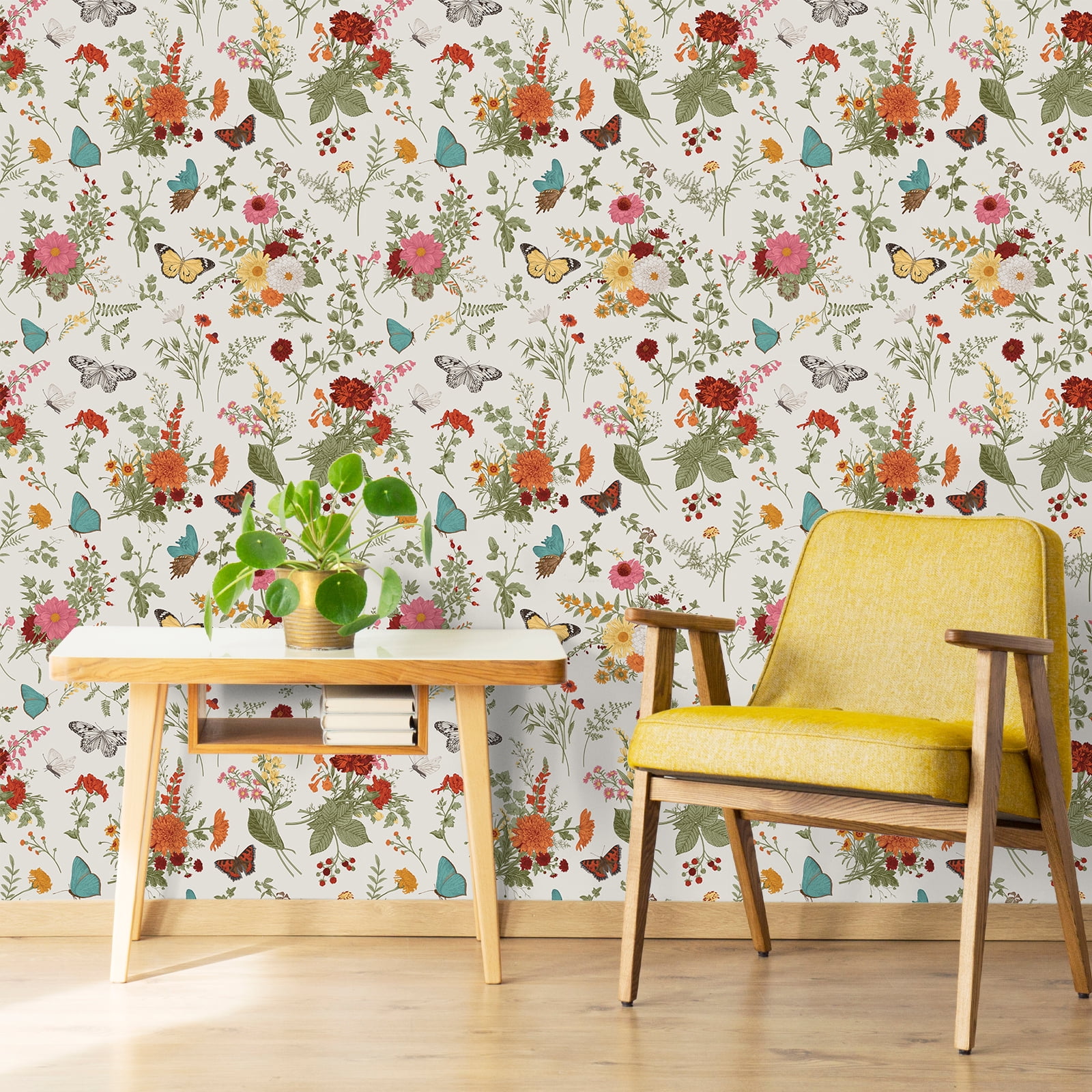 VEELIKE Floral Peel and Stick Wallpaper Vintage Butterflies Marigolds Self-Adhesive Contact Paper for Home Decor (Multi-color, 17.7 in x 118 in) 9ccgs
