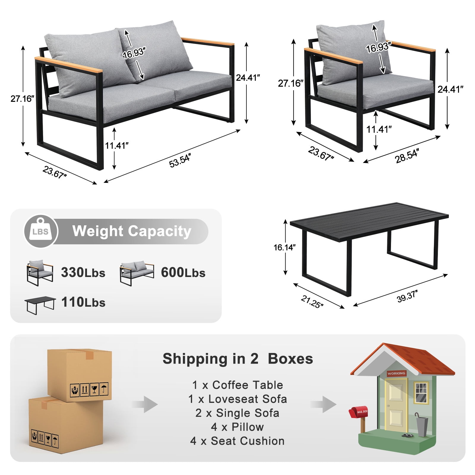 Zimtown 4-Piece Outdoor Patio Conversation Set, Weather-Resistant Metal Furniture with Cushions (Gray, 4-Piece) 418ih