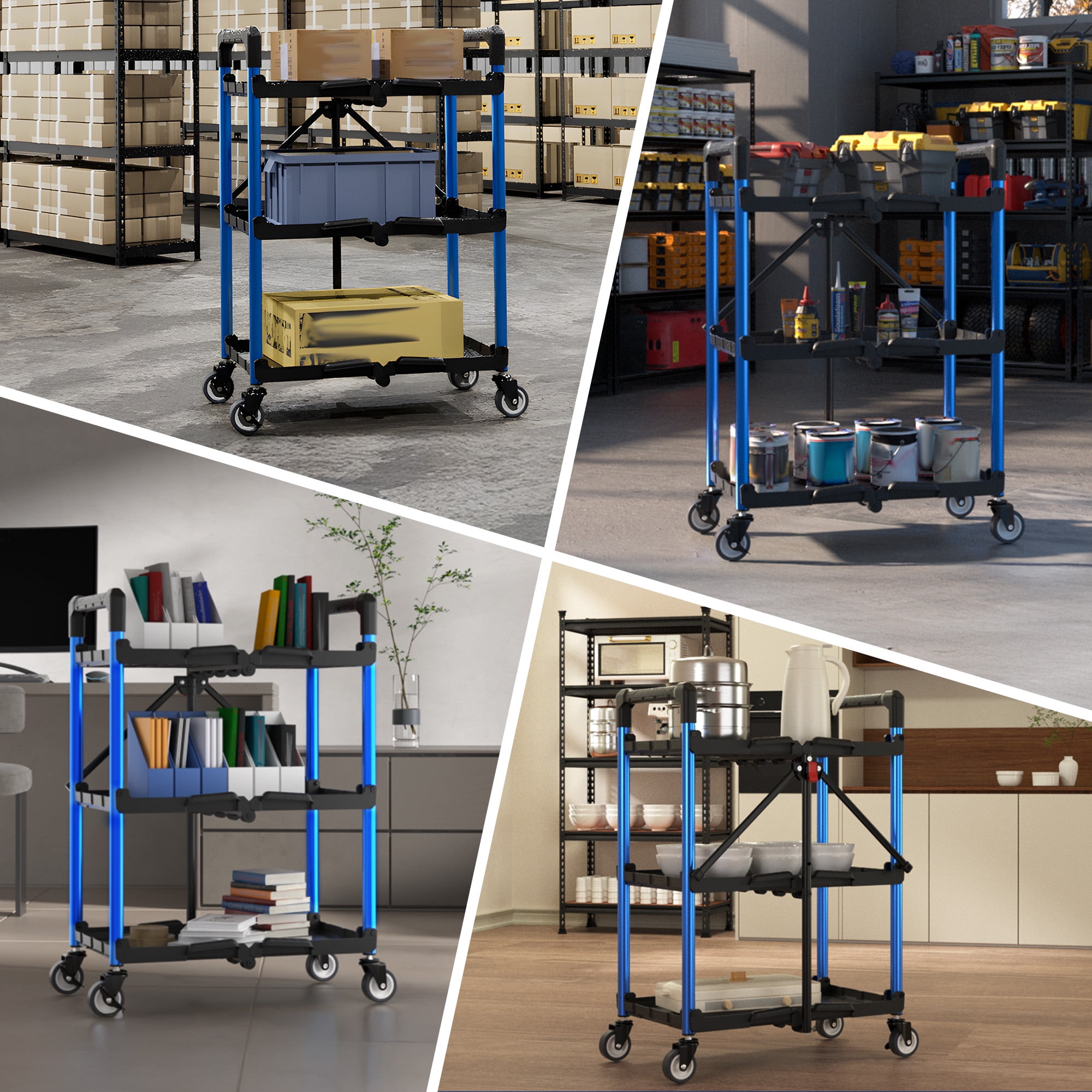 WORKPRO 3-Tier Folding Utility Cart, Heavy-Duty Rolling Service Cart with Swivel Wheels (Blue, 210 lb Capacity) gtndd