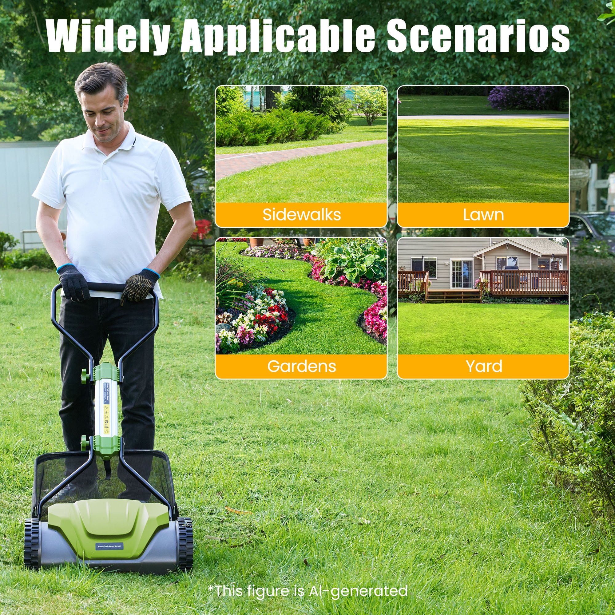 Naipo Manual Push Reel Lawn Mower, 16-in Cutting Width, 5-Blade System, 6 Adjustable Heights, Includes 8-Gallon Grass Catcher (Green) 9na7t