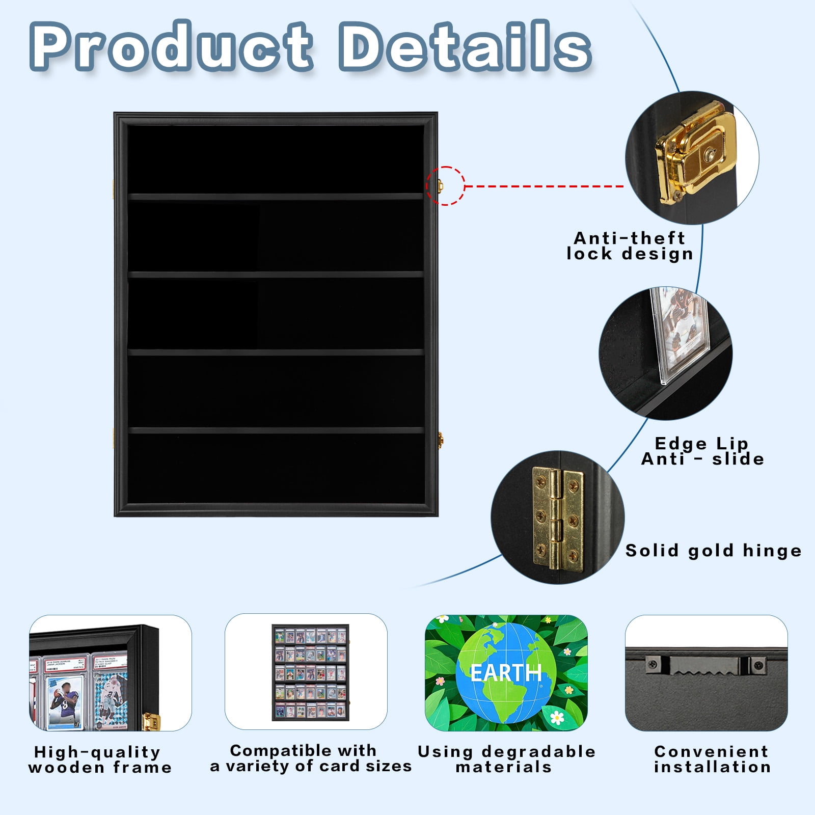 CRDC Graded Sports Card Display Case Wall Mount Wood Frame with UV Protection (Black, 35-Card Capacity) hxenp