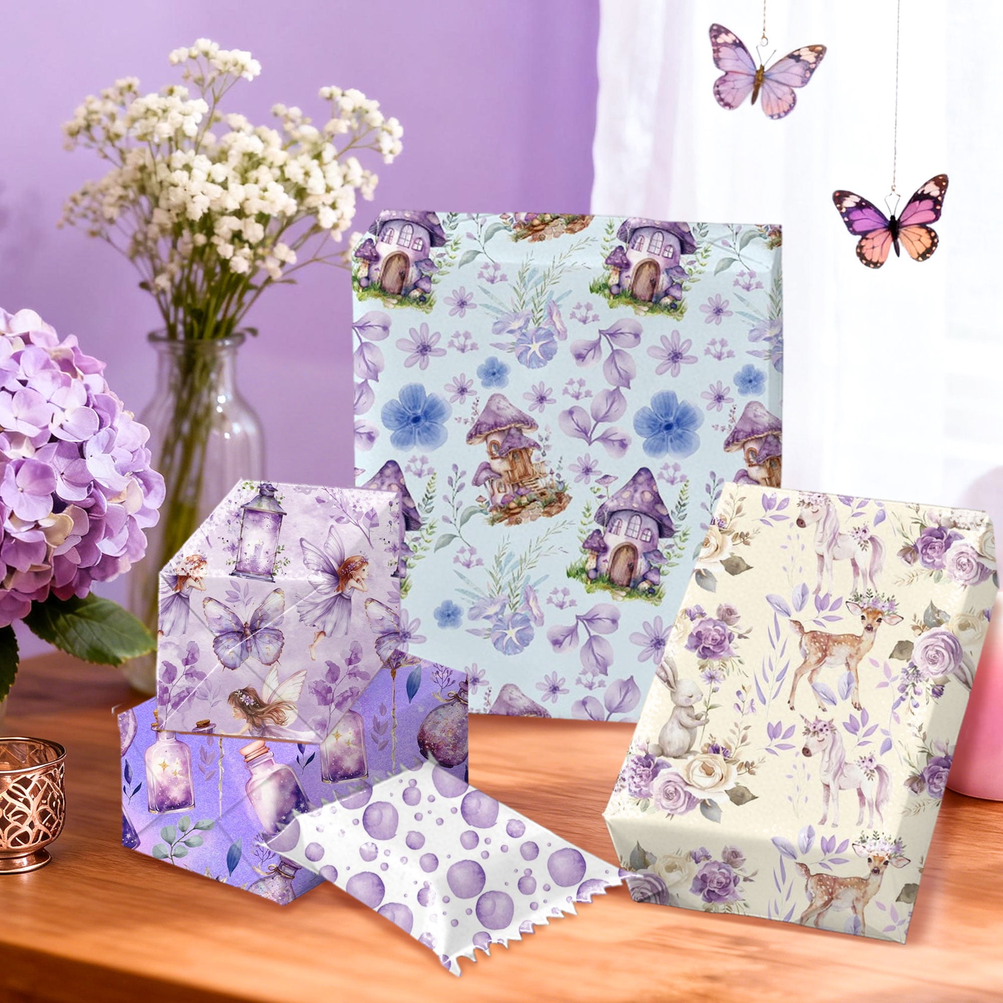 LaVenty Fairy Tale Gift Wrapping Paper - Whimsical Forest Design for Birthdays and Parties (Purple, 12 Sheets, 27 in x 20 in) wbfcn