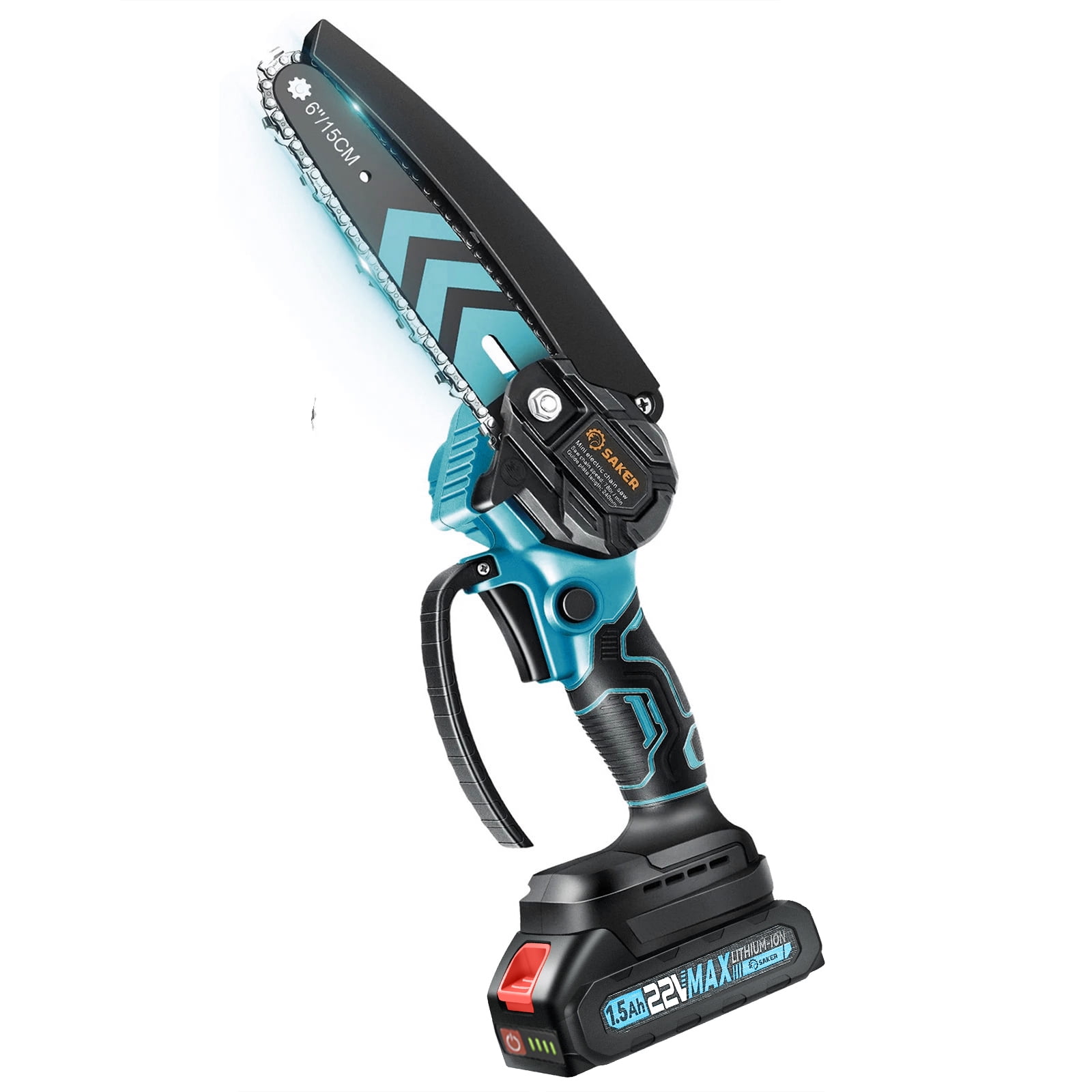 Saker 6 Inch Mini Chainsaw Cordless Electric Power Tool for Gardening and Tree Trimming (Blue, 2 Batteries and 2 Chains) qdbz9