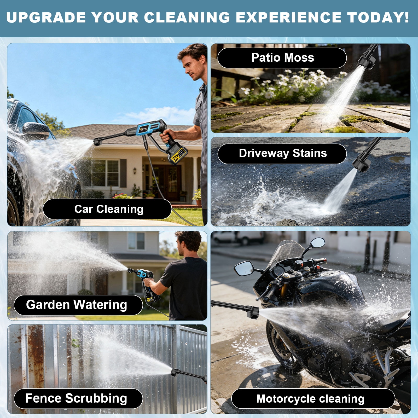 Gisam Cordless Pressure Washer, Portable Power Cleaner with 6-in-1 Nozzle, Brushless Motor (2x 4.0Ah Batteries, 16.4 ft Hose) 9457s