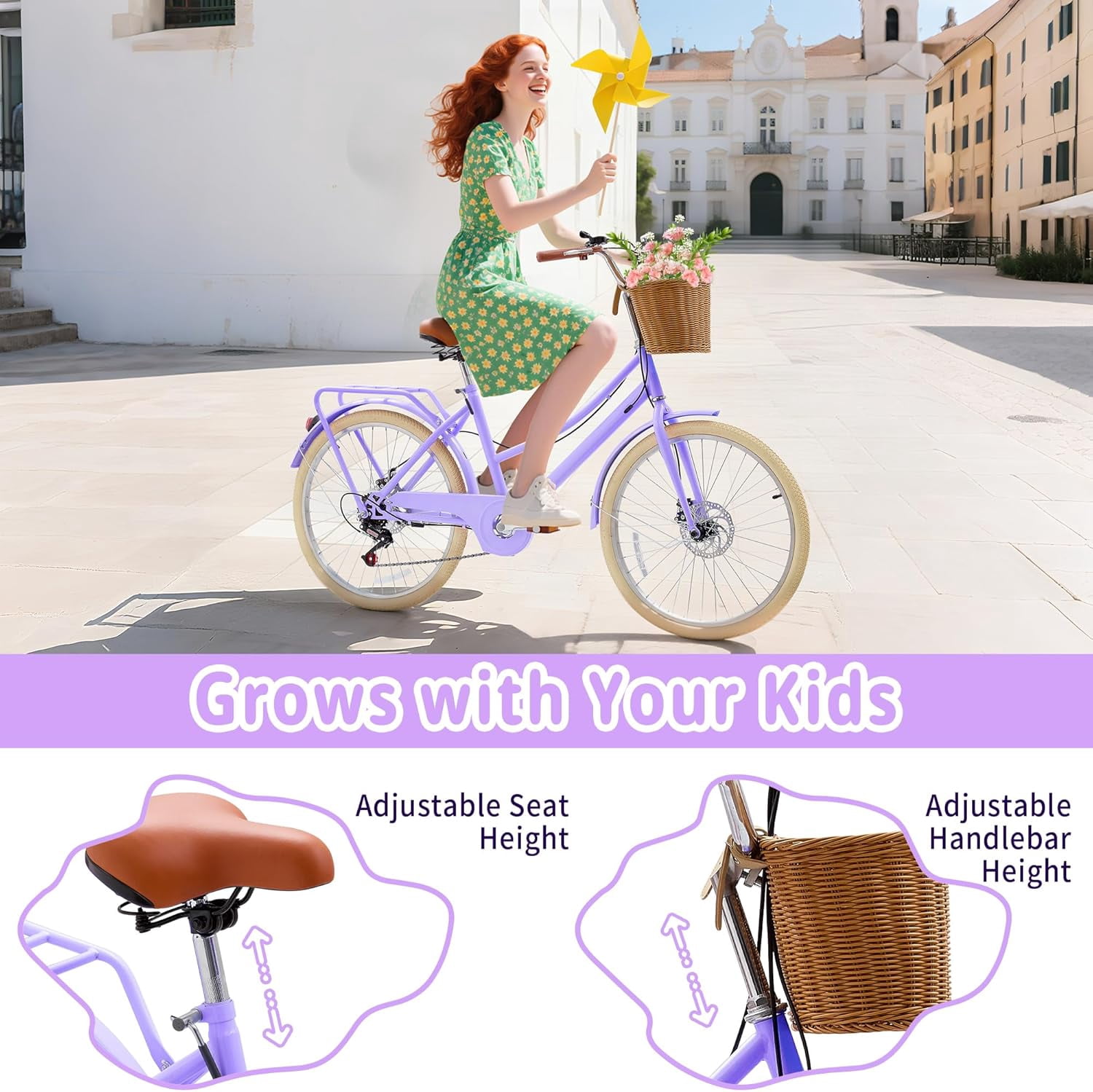 Akaber Kids Retro Cruiser Bike, 7-Speed Girls Bicycle with Rattan Basket and Dual Disc Brakes (20 in) 7glbr