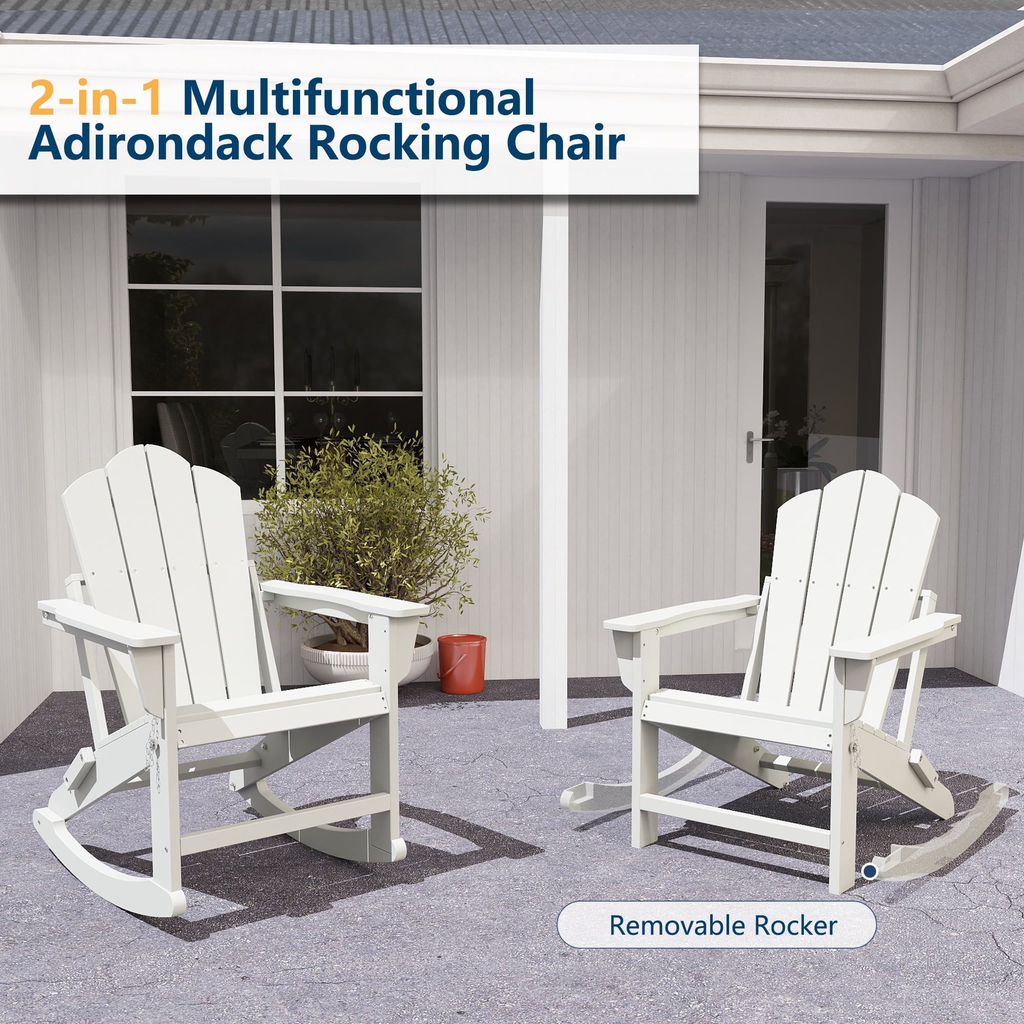 FOOWIN Folding Adirondack Rocking Chair Set (Weather-Resistant HDPE, White, 2-Pack) efjyn
