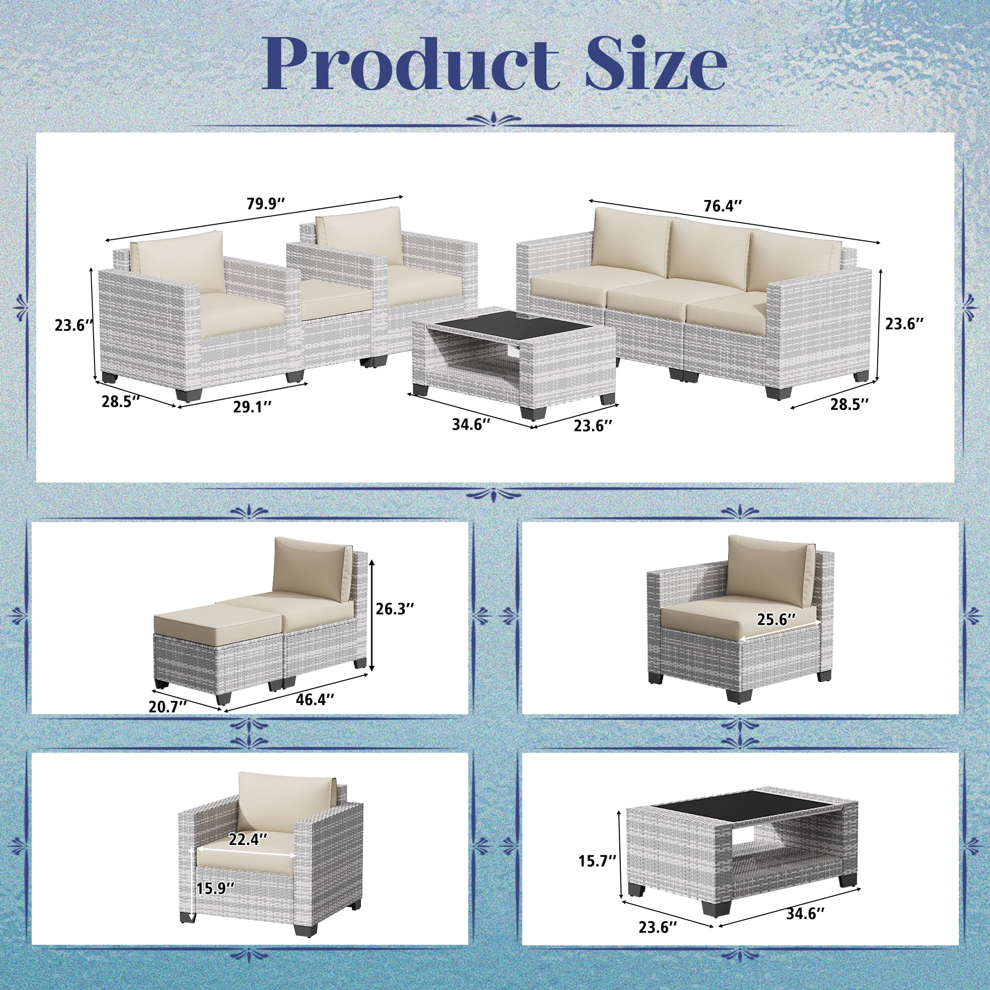 Kigoty 7-Piece Outdoor Patio Furniture Set, Wicker Rattan Sectional Sofa with Coffee Table (Gray-White Rattan, Beige Cushions) n00rz