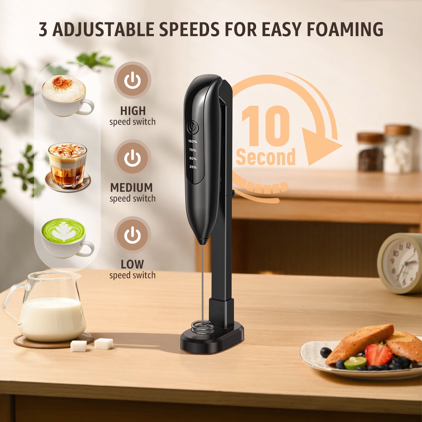 Skdwakiz Electric Milk Frother Handheld Rechargeable Wand with 3 Whisks, LED Display & Magnetic Stand (Black, 1 Unit) 5heaa