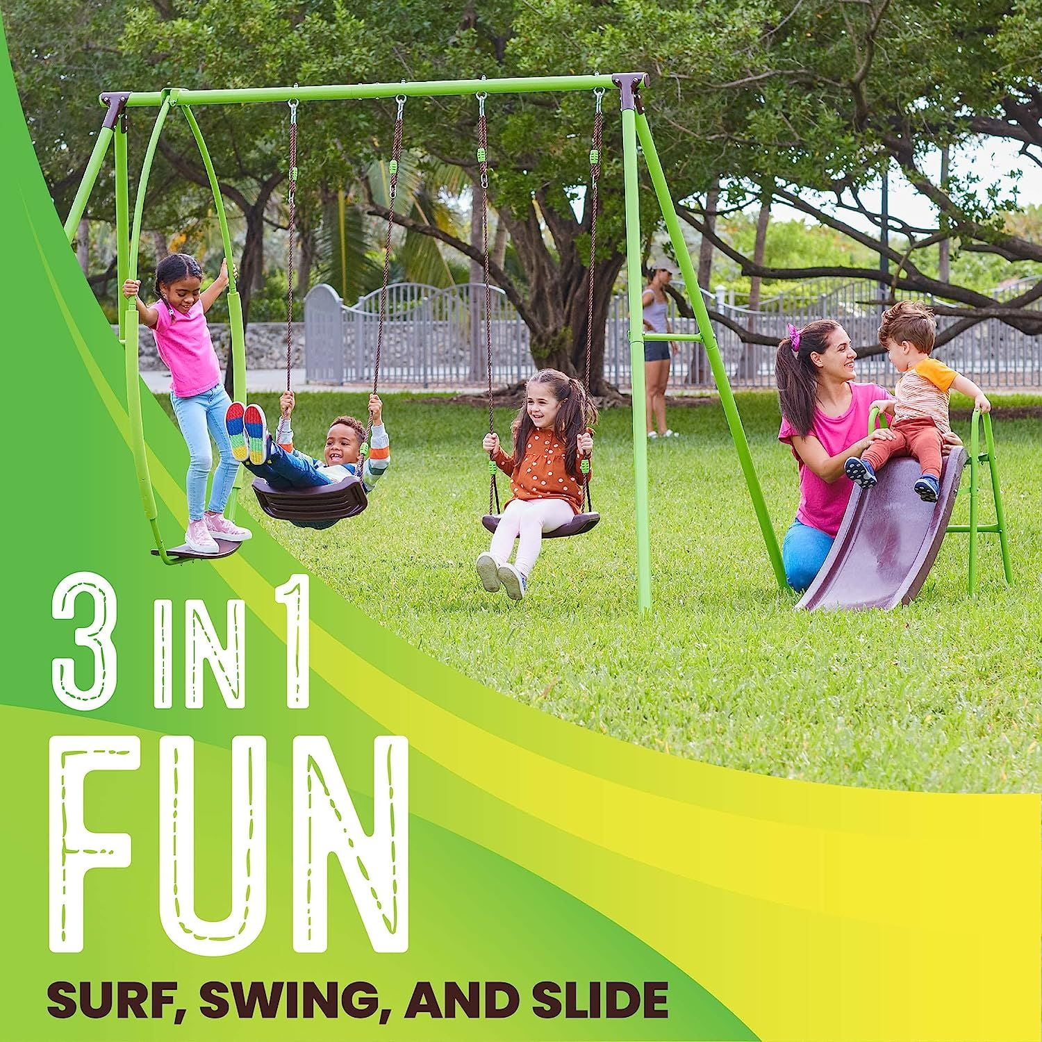 Swurfer Steel Triple A-Frame Swing Set with Slide and Multiple Swings (Green, 1 Set) 79nkz