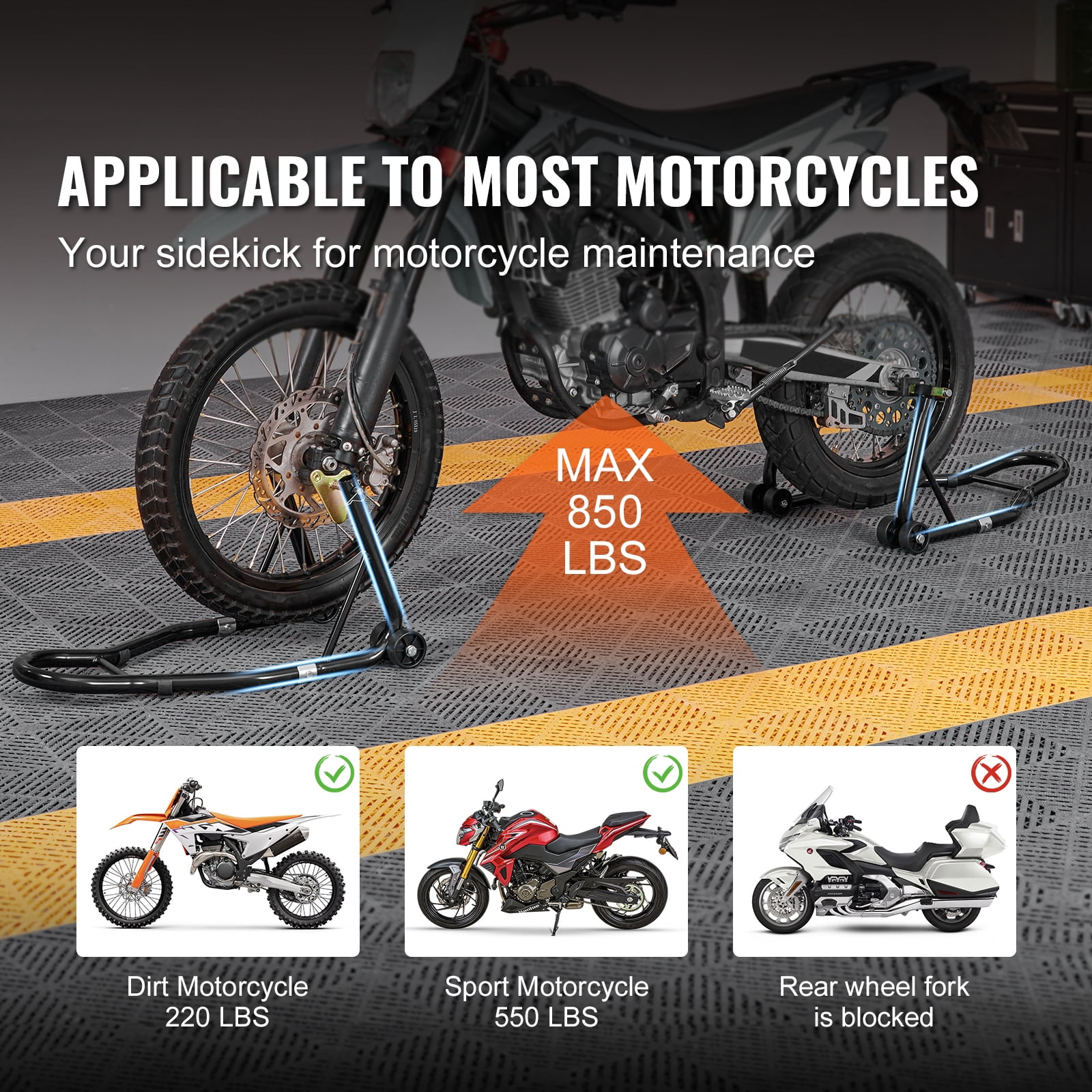 KFFKFF Motorcycle Front and Rear Paddock Stand Lift Set (Black, 850 lb Capacity) yl4aw