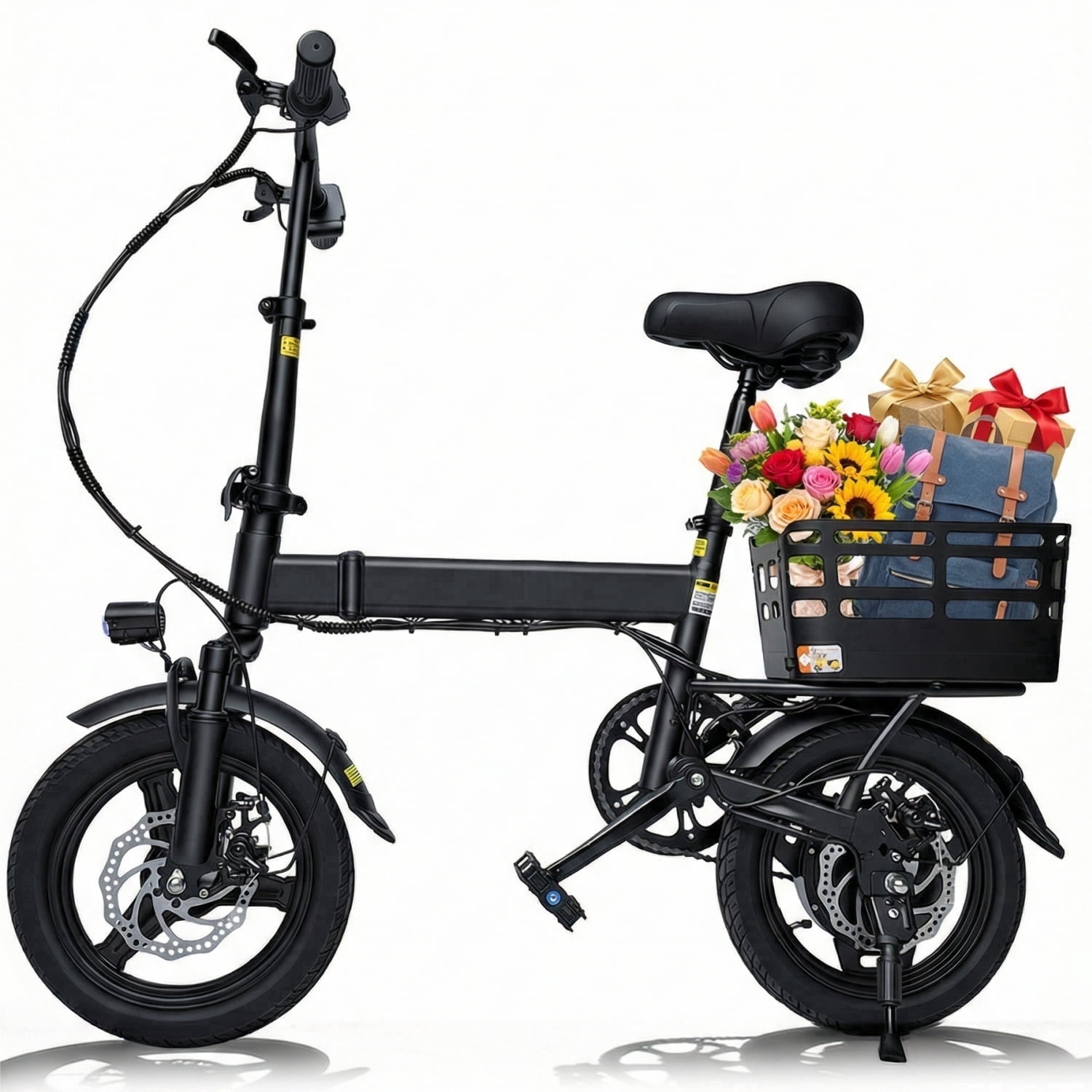 BroPath Folding Electric Bike for Adults, 500W Motor Commuter E-Bike with Rear Basket (Black, 14 in) dj06l