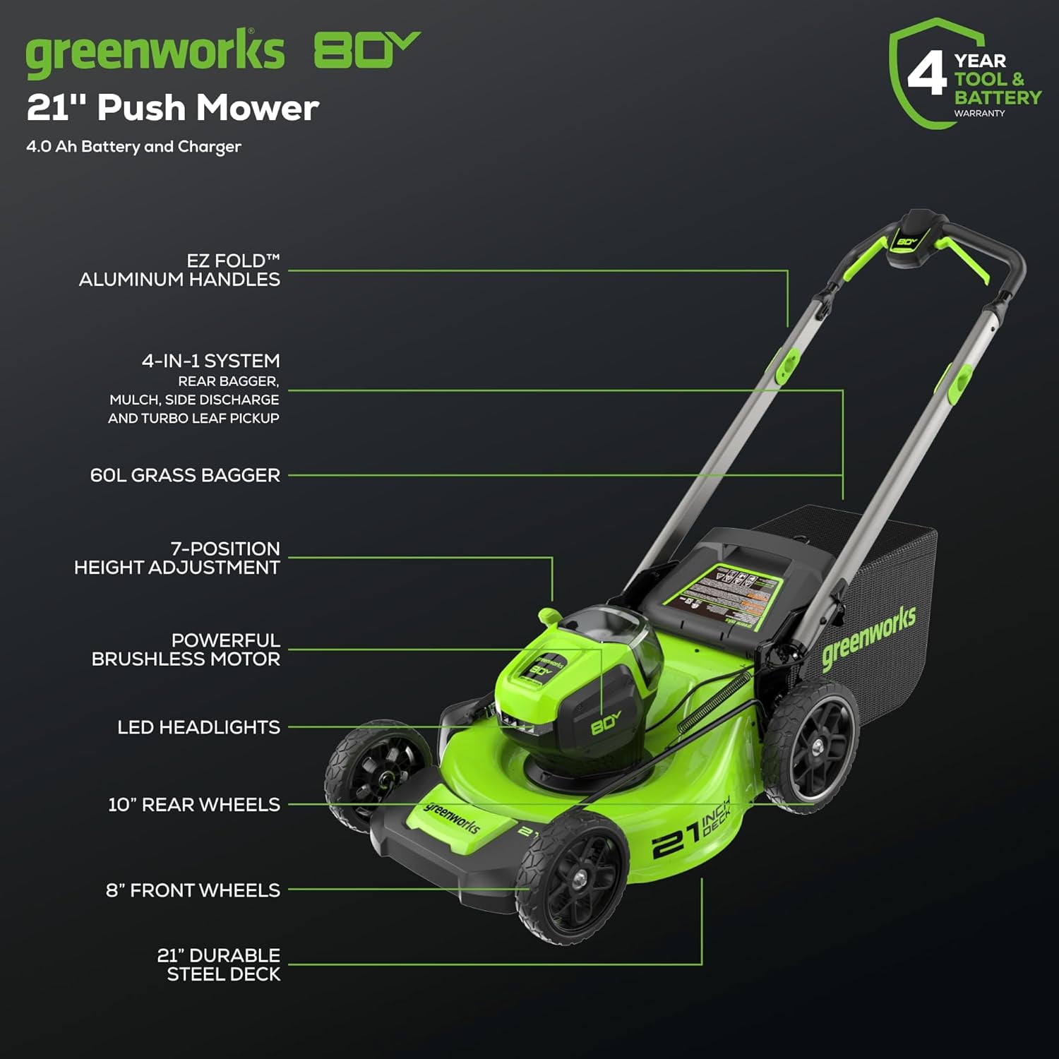 Greenworks 80V 21 in Brushless Cordless Push Lawn Mower (LED Headlight, Aluminum Handles, 4.0Ah Battery and Charger Included) gi7bb