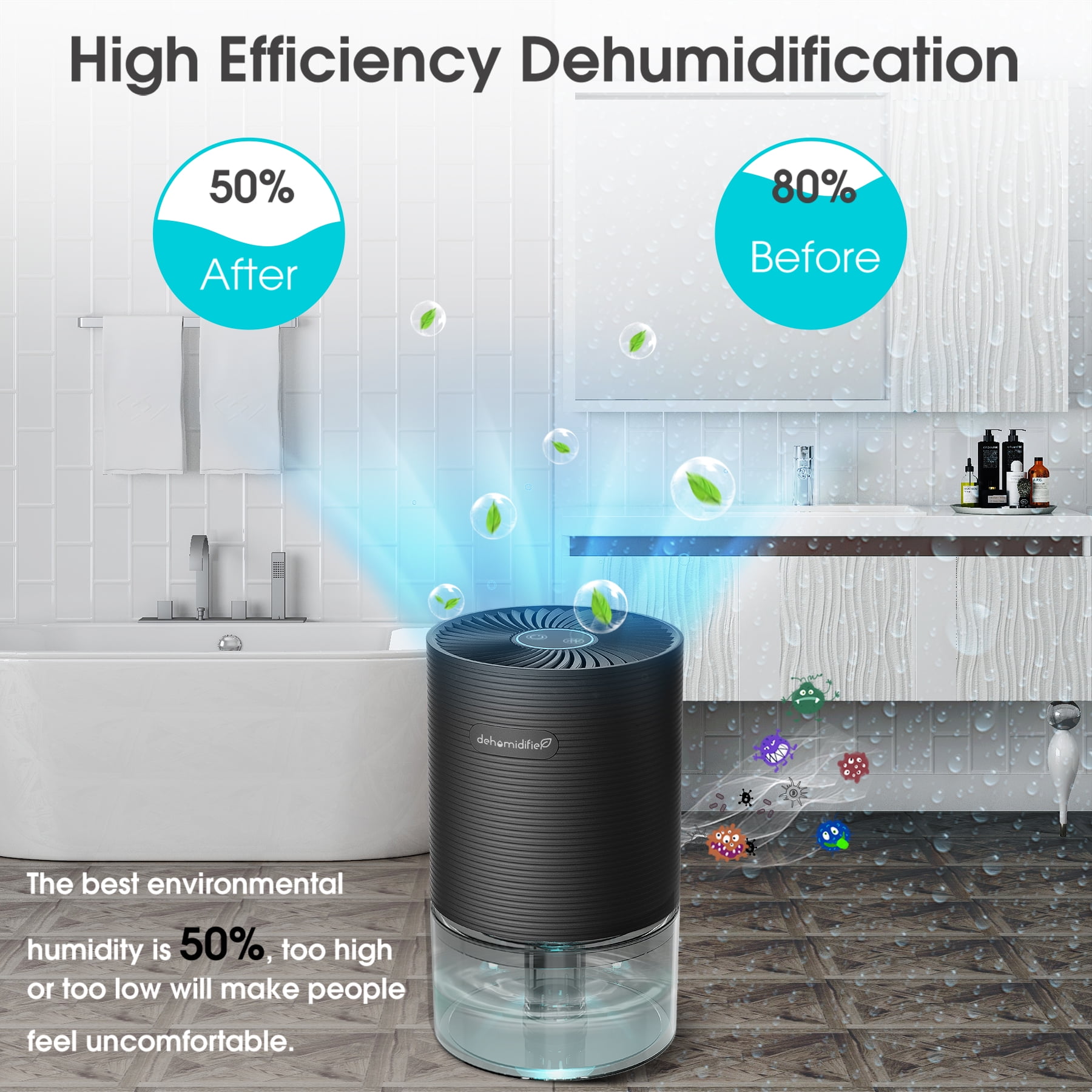 Kloudic Compact Dehumidifier with LED Light, Ultra-Quiet Portable Air Dryer for Bedroom and Office (Black, 26 fl oz) qmh3v