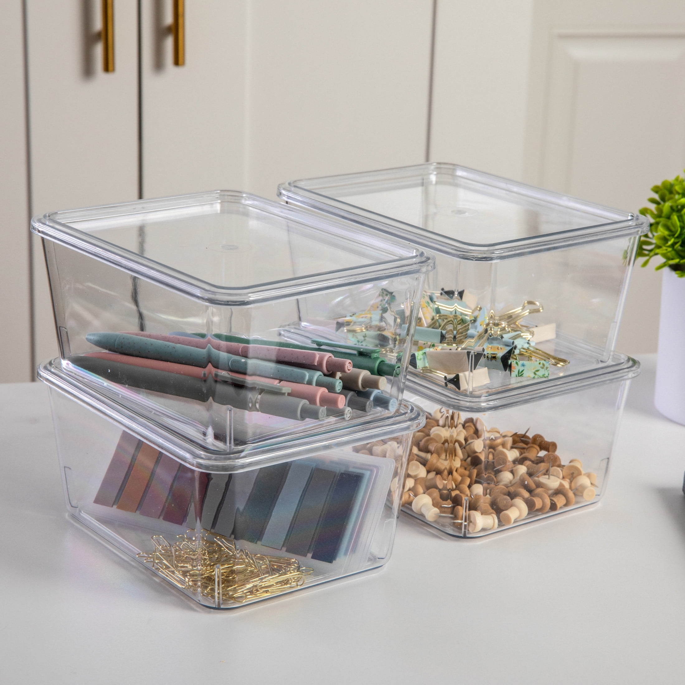 Martha Stewart Brody Stackable Plastic Storage Box with Lids for Office Desktop Organization (Clear, 4 Pack, 6.75 in x 5 in x 3.25 in) 4kb66