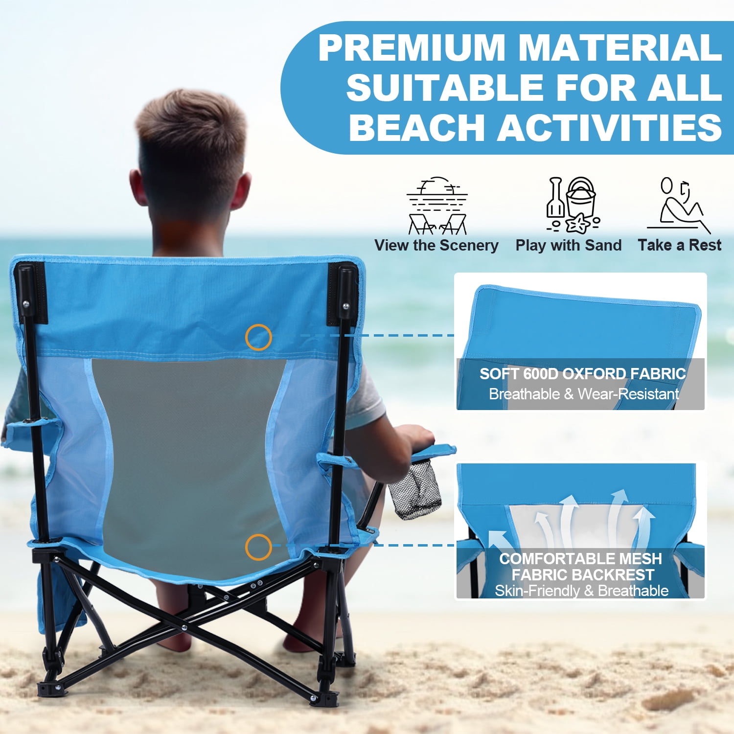 Coliware Folding Backpack Beach Chair, Heavy-Duty Portable Camping Chair with Cup Holder (Blue, 17.5 x 17.7 x 26.2 in) 21um3