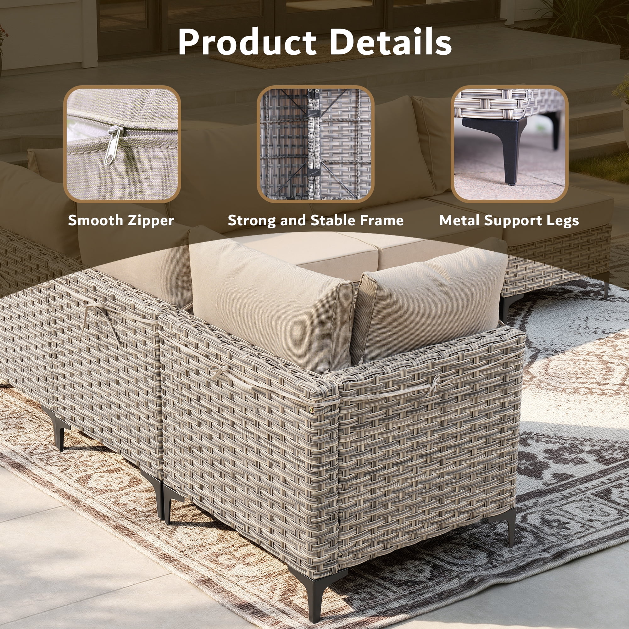 VCATNET 10-Piece Patio Conversation Set, All-Weather Rattan Wicker Sectional with Swivel Rocking Chairs and Solar LED Coffee Table (Beige, 10-Piece Set) 53c4s
