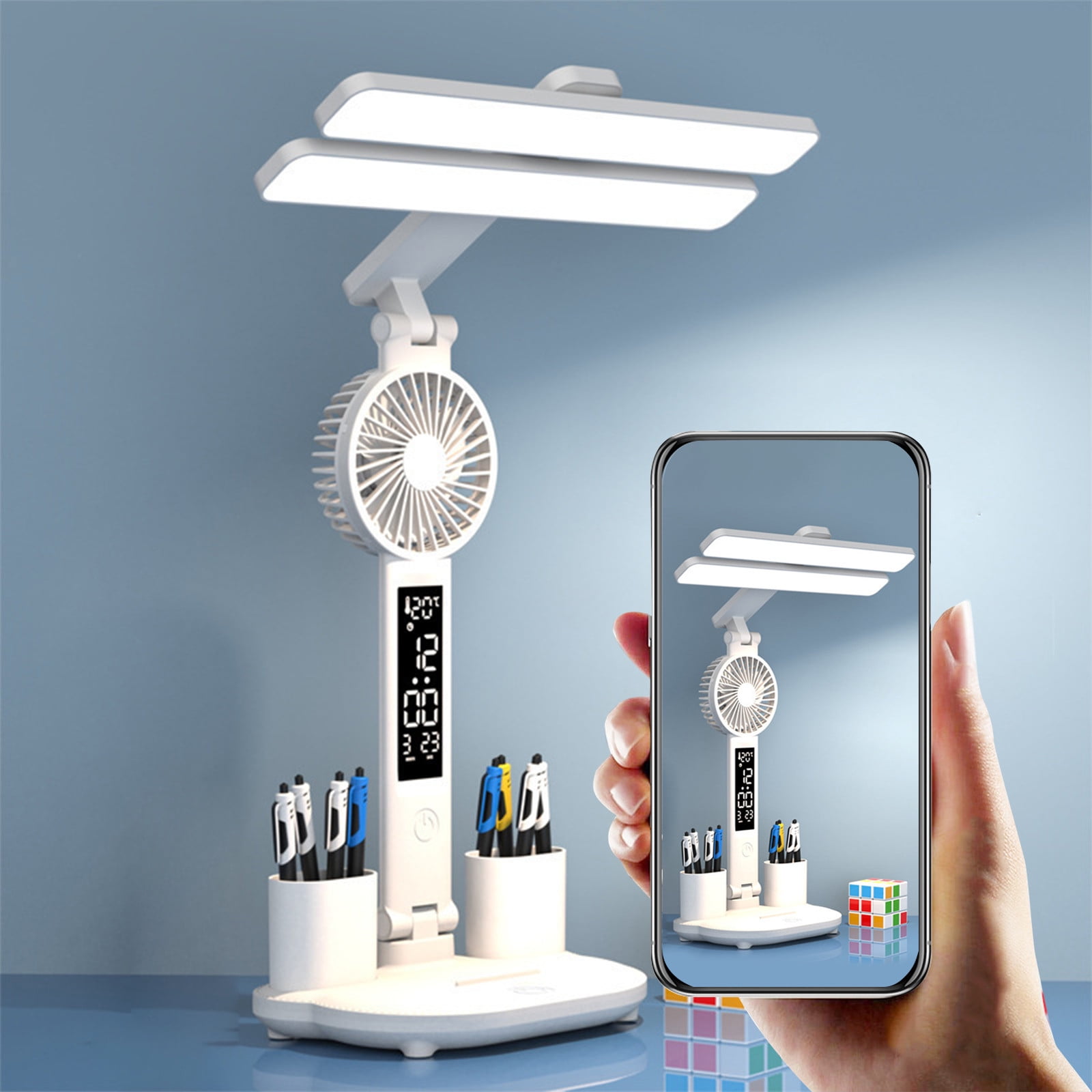 FYTPOV LED Desk Lamp with Pen Holder, Fan, and Clock (Foldable, White) ycyff - Image 3