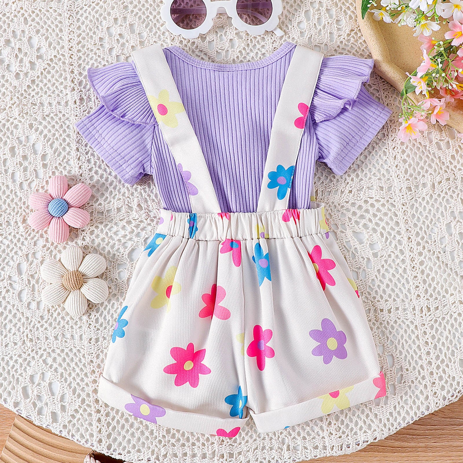 Caqnni Toddler Girl Summer Outfit Set Short Sleeve Top and Elastic Waist Shorts (Purple, 3-6 Months) rrhkf
