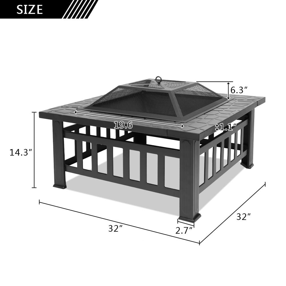 Zimtown 32 in Square Metal Fire Pit with Spark Screen and BBQ Grate (Black, 32 in) ma39g