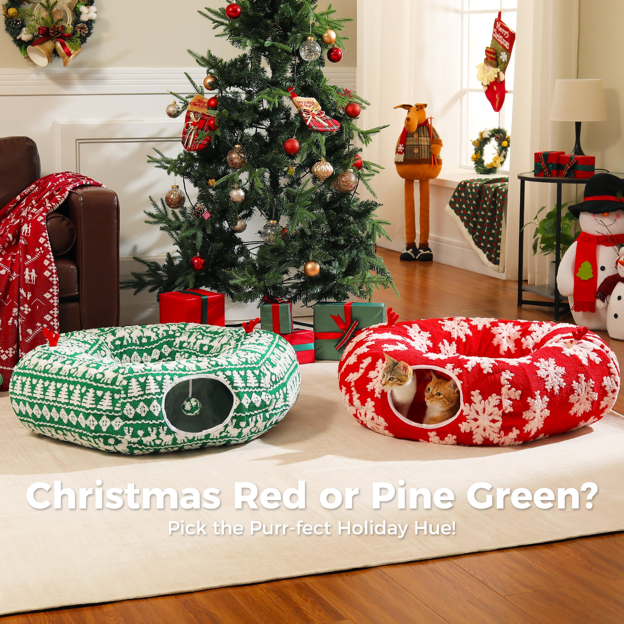 PAWZ Road Christmas Cat Tunnel Bed with Soft Mat and Hanging Toys (Red, 34 in) 3w2e7