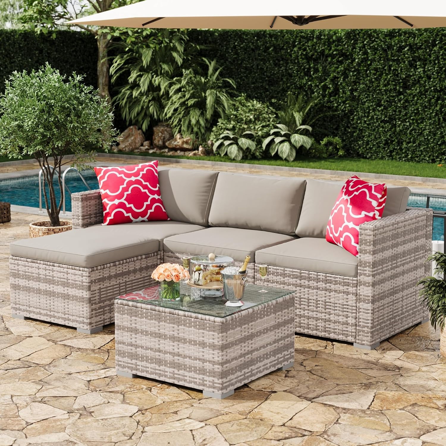 IdealHouse 5-Piece Outdoor Sectional Sofa Set, All-Weather PE Rattan Patio Furniture with Ottoman & Tempered Glass Table (Gray, 5-Piece Set) fbzxn