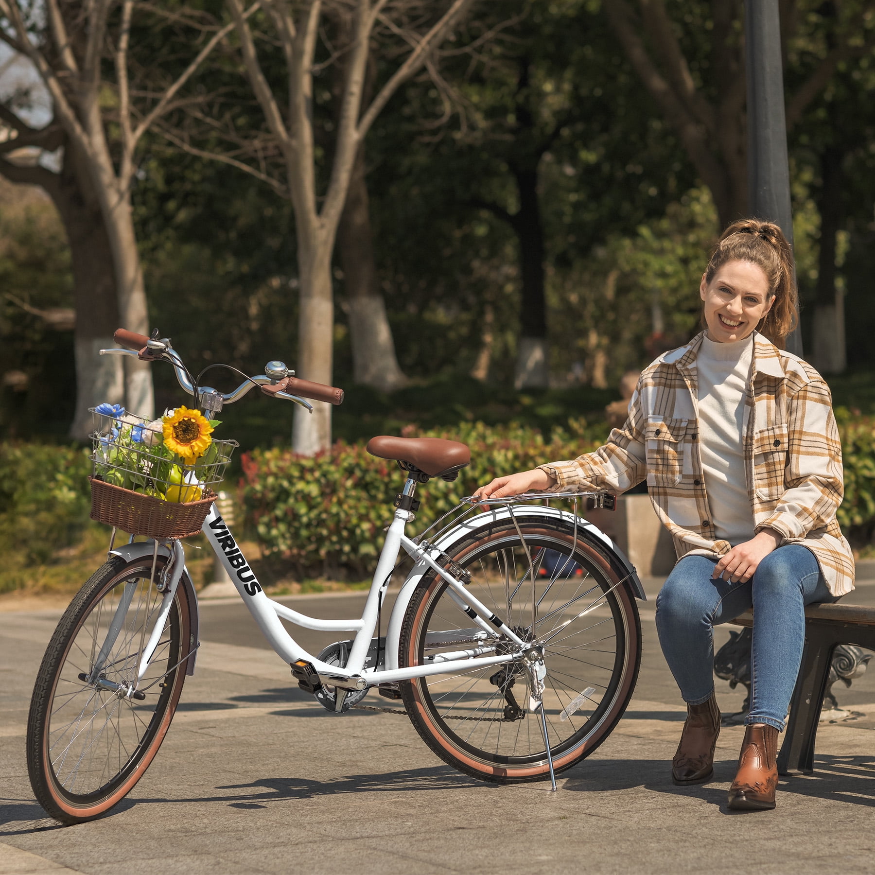 Viribus 24 in Women's Cruiser Bike, 7-Speed Beach and City Bicycle with Basket and Rack (White) 3vvao