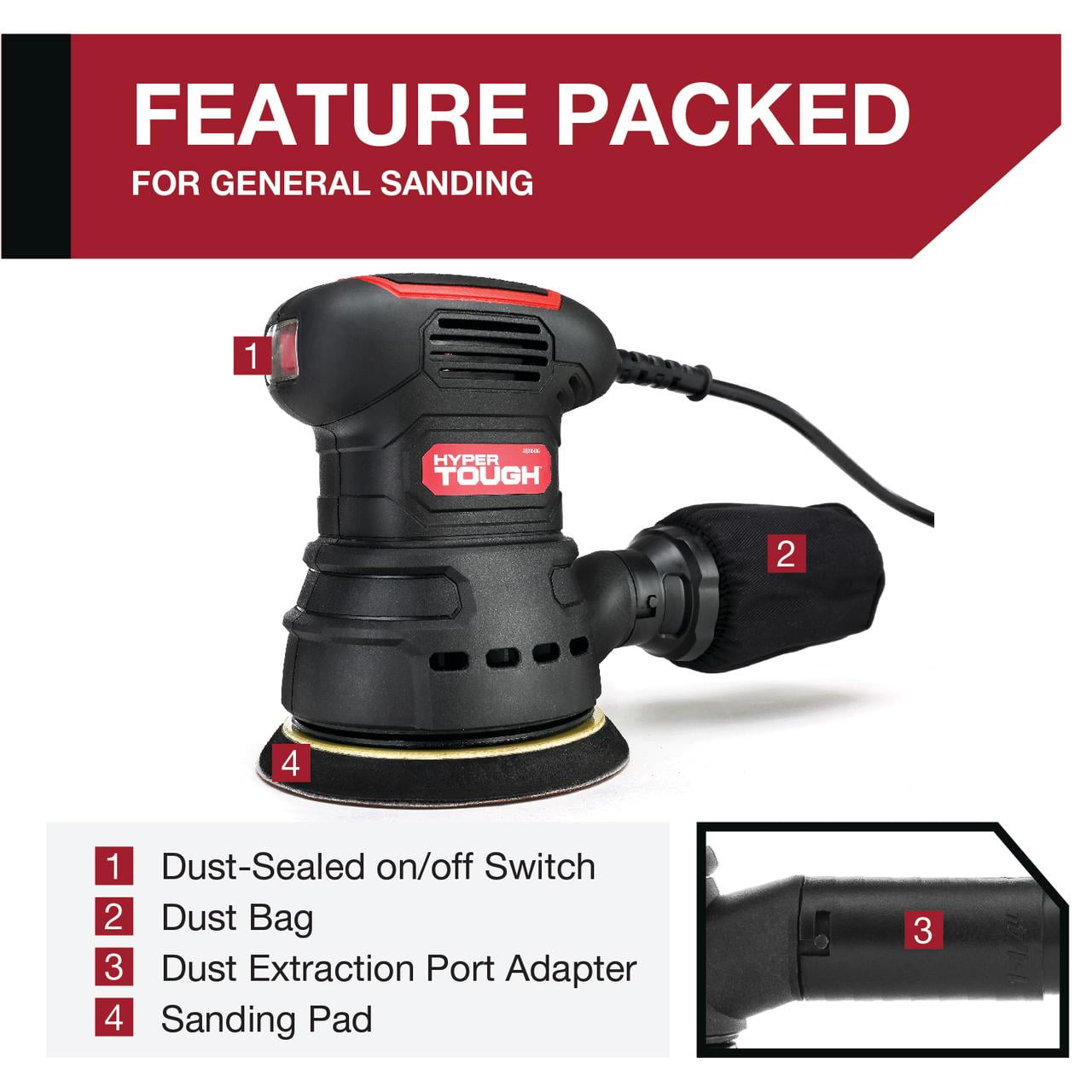 Hyper Tough 2.5 Amp Corded 5 inch Orbital Sander with Dust Collection System and Sanding Sheets (5 in) hva7x