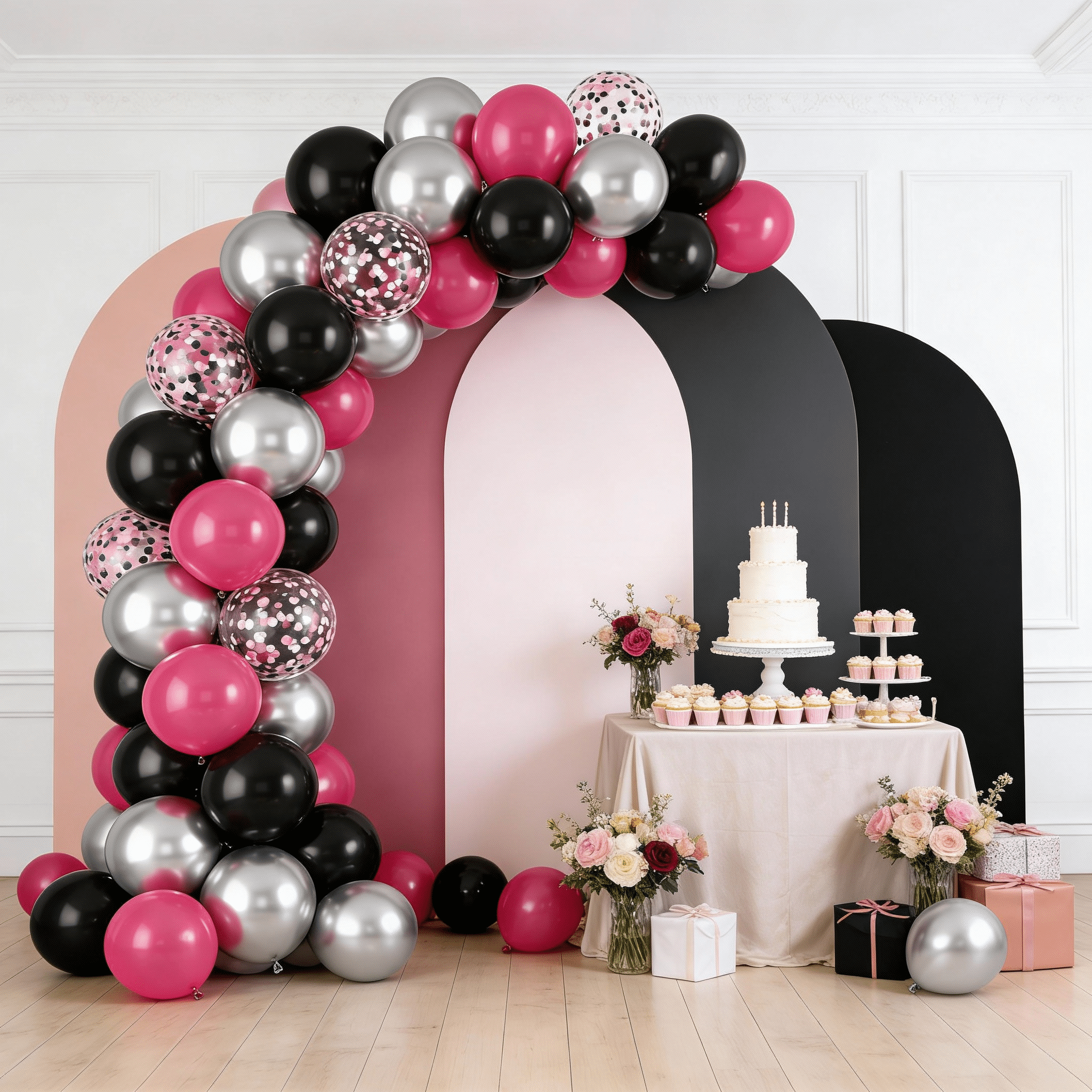 Qiameng 50-Piece Balloon Arch Kit for Party Decorations (Hot Pink, Black, Metallic Silver, 12 in) 6b1gq