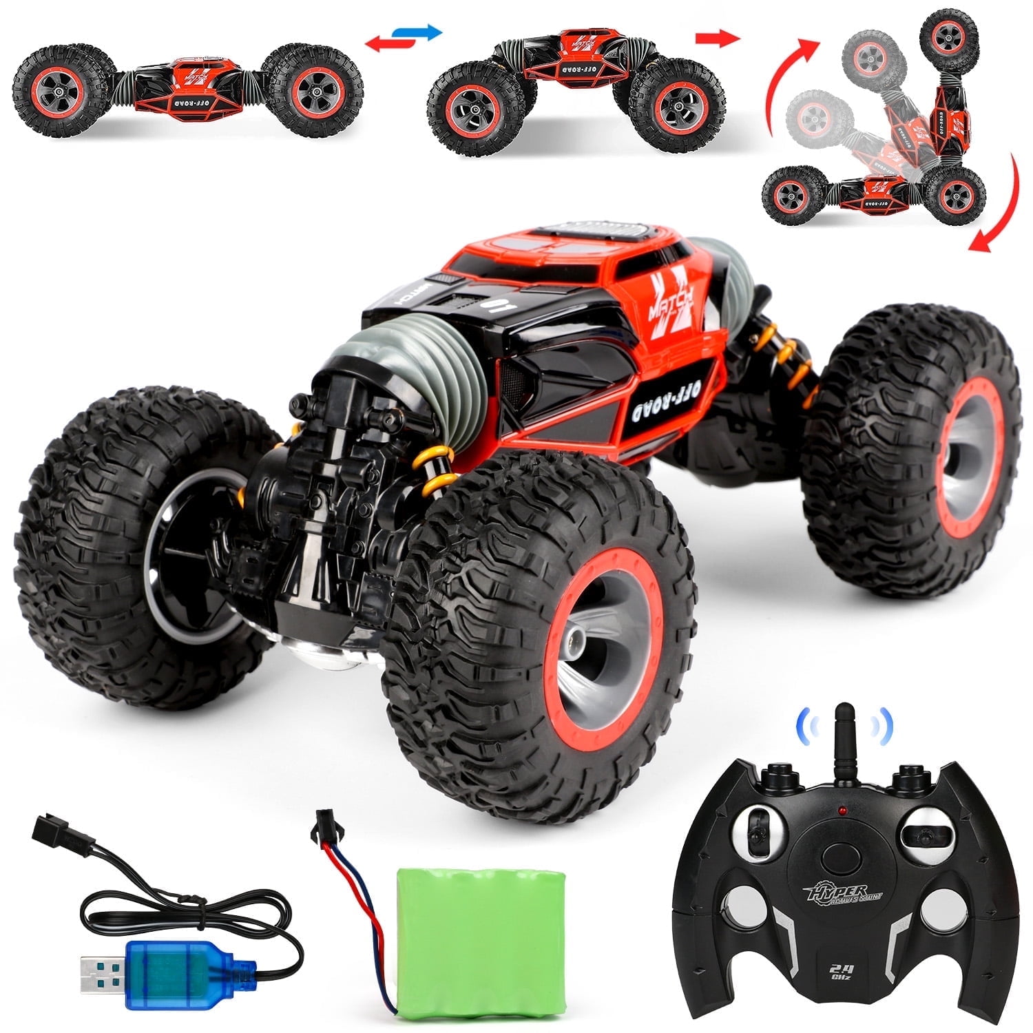 FLOOYES RC Stunt Car 4WD Remote Control Vehicle with LED Lights and Double-Sided Driving (Blue, 1 Pack) l6645