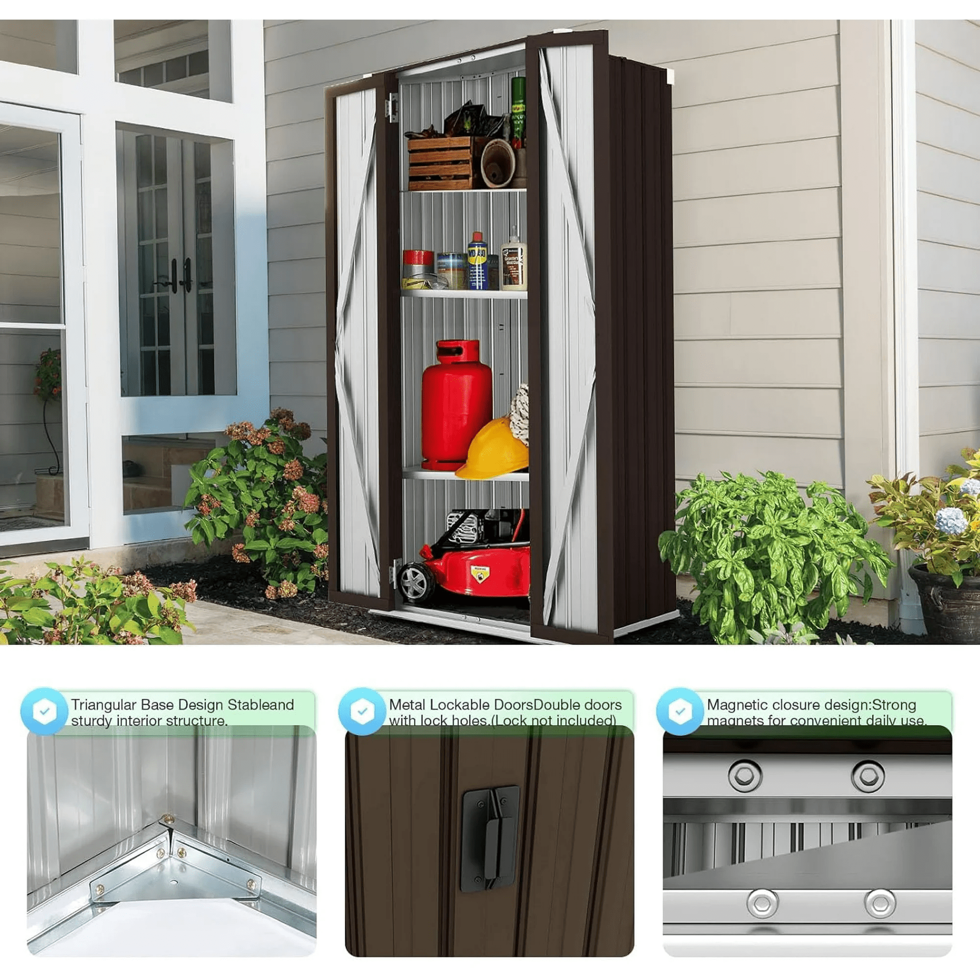 AECOJOY Outdoor Storage Cabinet Metal Organizer with Adjustable Shelves and Lockable Doors (Brown) bisja