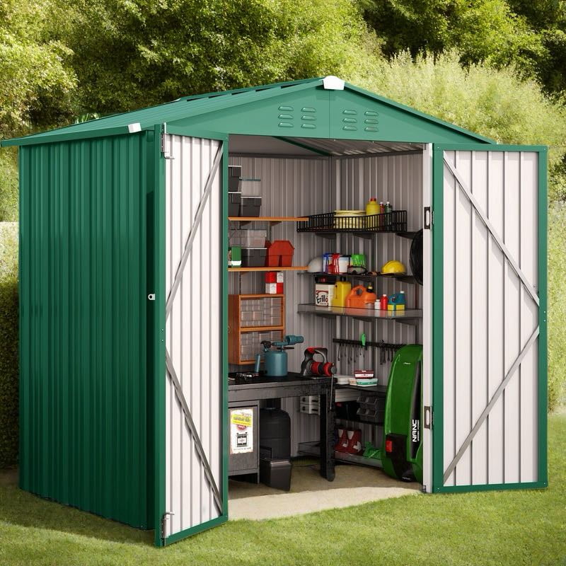Asofer Outdoor Storage Shed, Galvanized Metal Garden Utility House with Double Lockable Doors (Green, 8 x 6 ft) 5tyxo