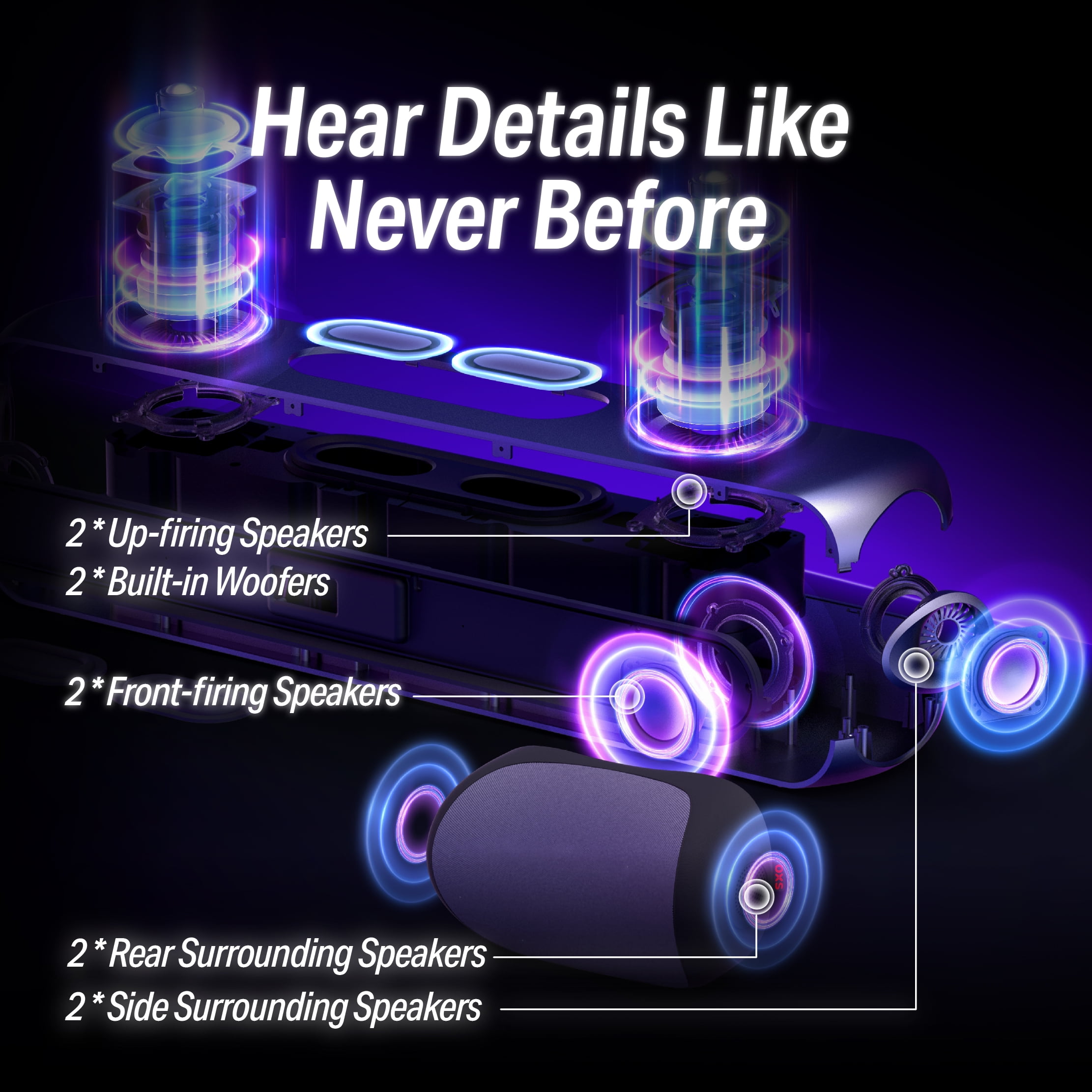OXS Thunder Pro+ 7.1.2-Channel Dolby Atmos Sound Bar System with Wireless Satellite Neck Speaker (Black) d3al9