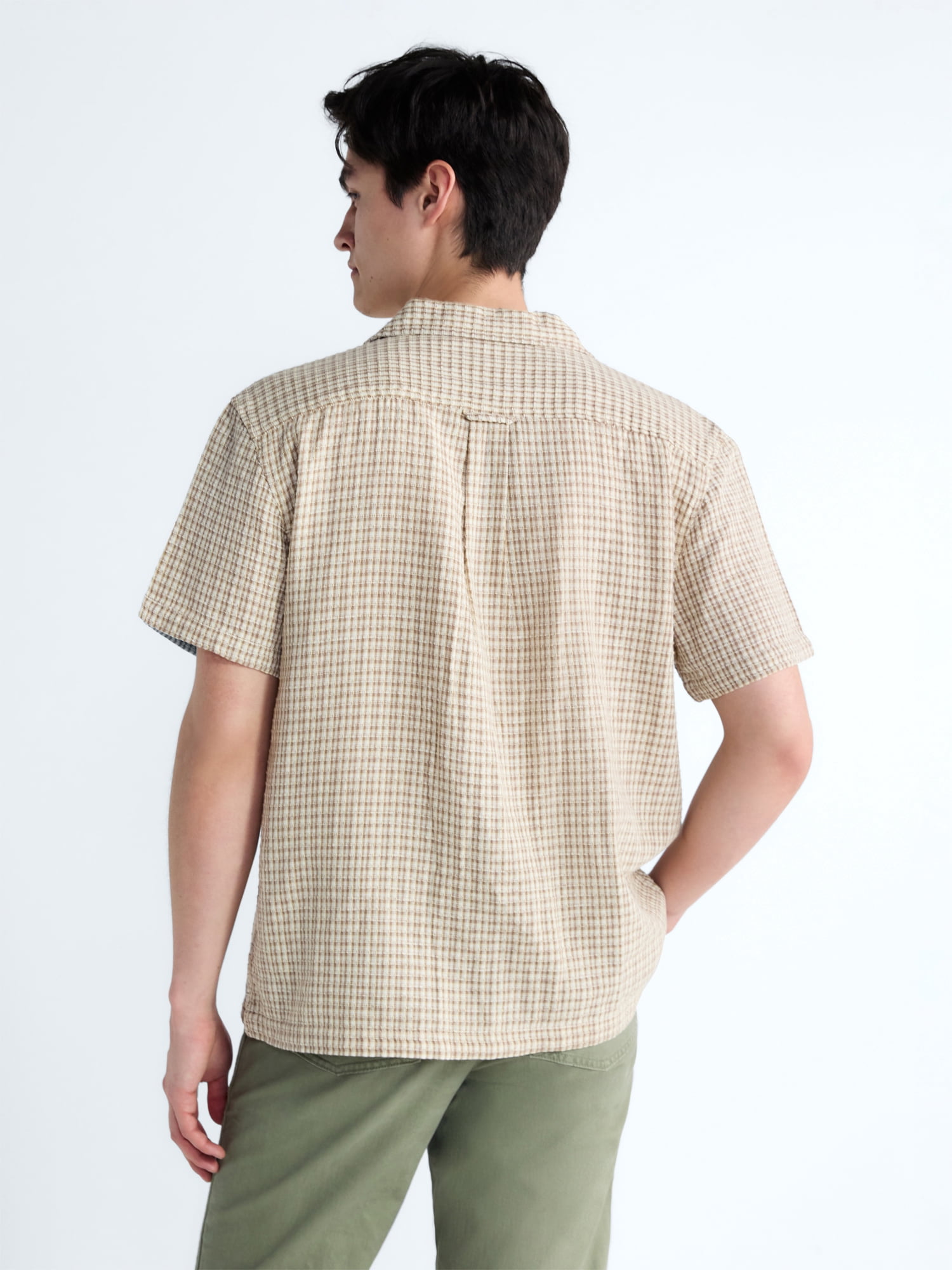 Free Assembly Men's Plaid Textured Cotton Camp Shirt (Brown, S) tvsfk