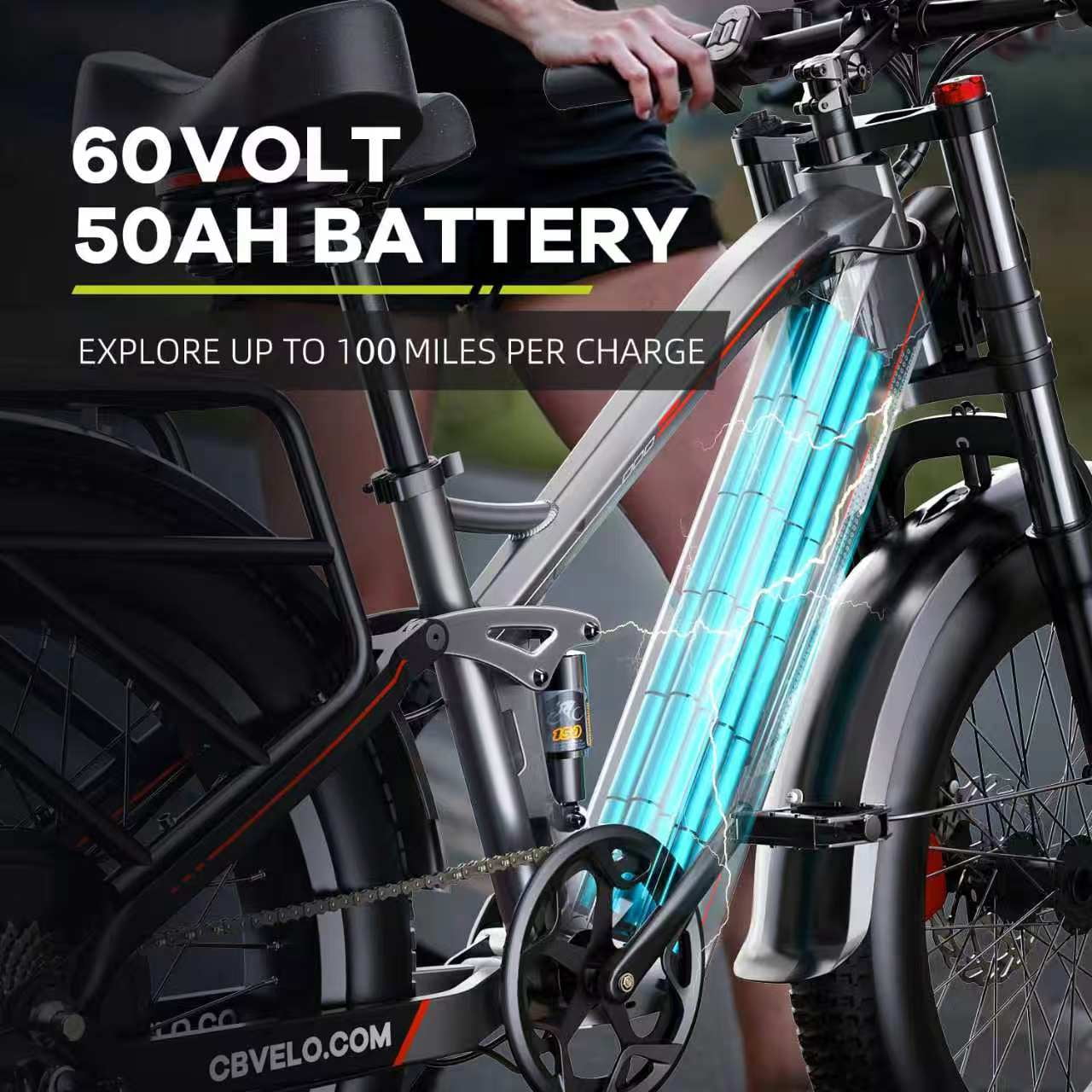 Cyneira Electric Bike, 2000W Fat Tire E-Bike with Full Suspension, Removable 60V 50AH Battery, Rear Rack (Grey, 26 in x 4 in) 35ydq
