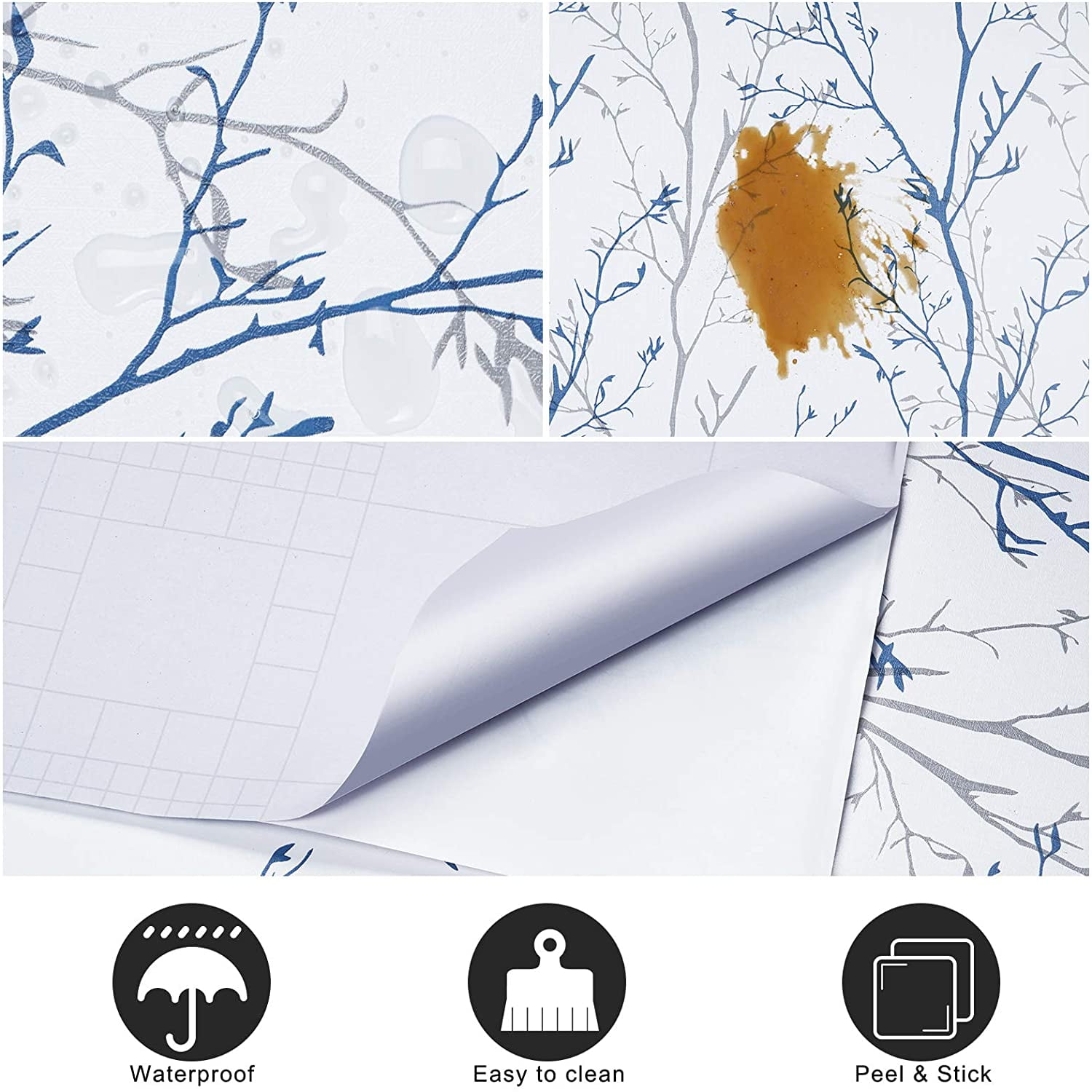 Caltero Peel and Stick Wallpaper, Grey Blue Tree Branch Self-Adhesive Decorative Wall Covering (17.7 in x 118 in) d7ze7