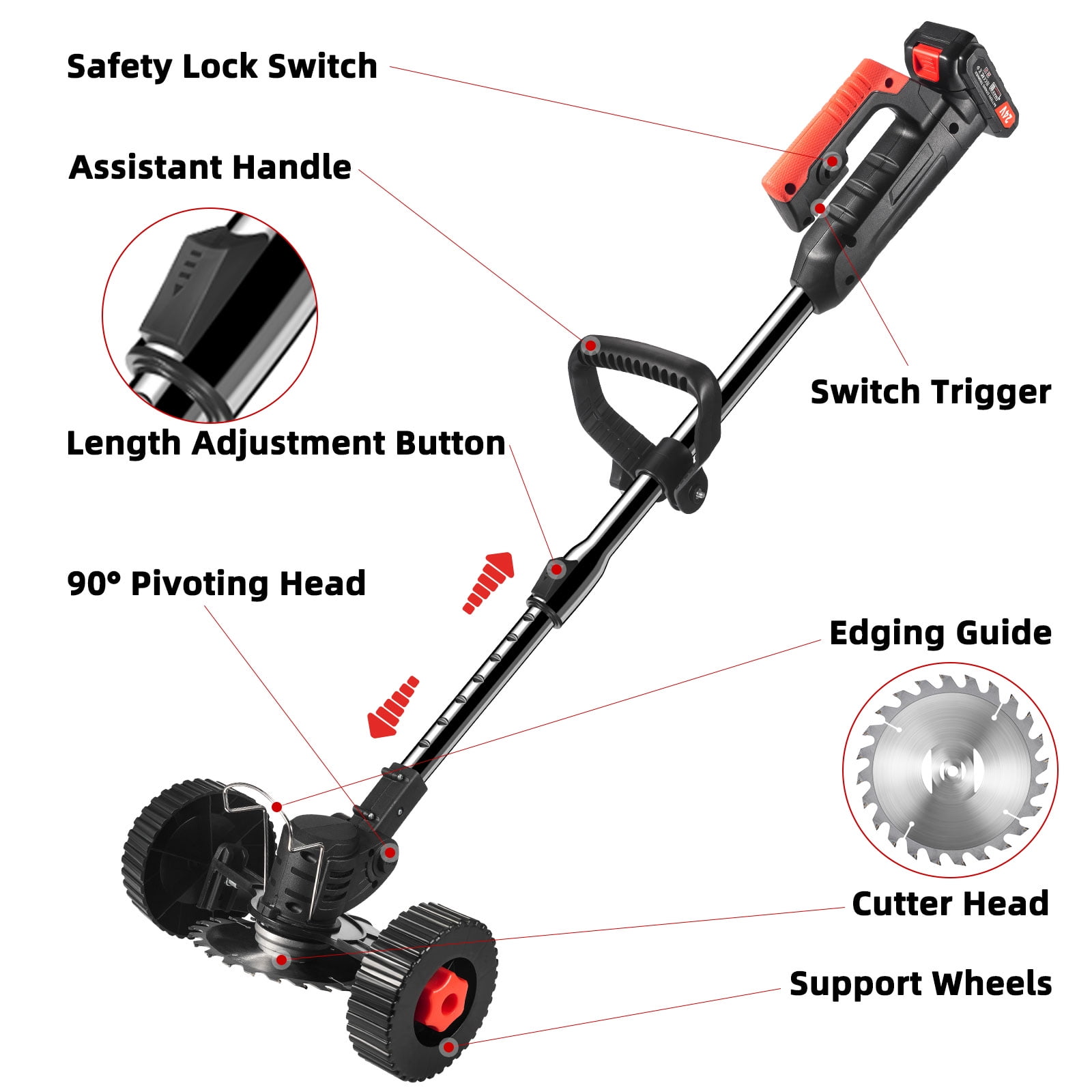 JahyShow Electric Cordless Weed Wacker with Wheels, 3-in-1 String Trimmer Edger and Lawn Mower Tool (Black, 31 in to 45 in) 49htm