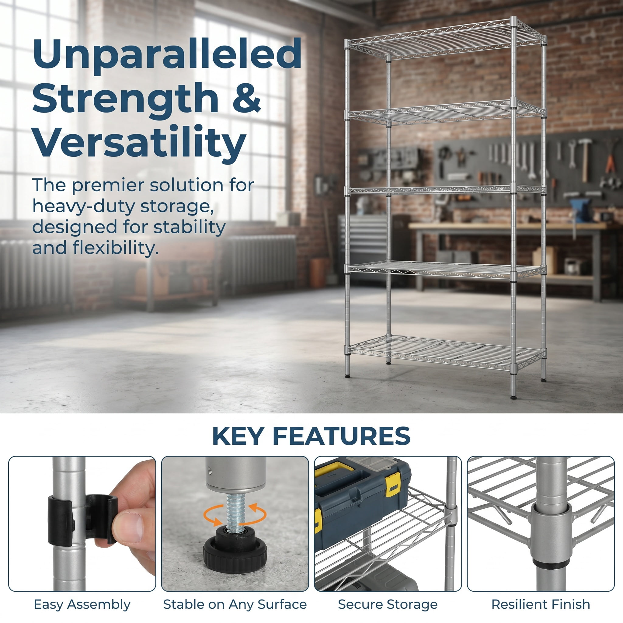 Ktaxon 5-Tier Heavy-Duty Wire Shelving Unit, Adjustable Steel Storage Rack for Garage and Kitchen (Silver, 29.13 in W x 13.39 in D x 59.06 in H) 9h852