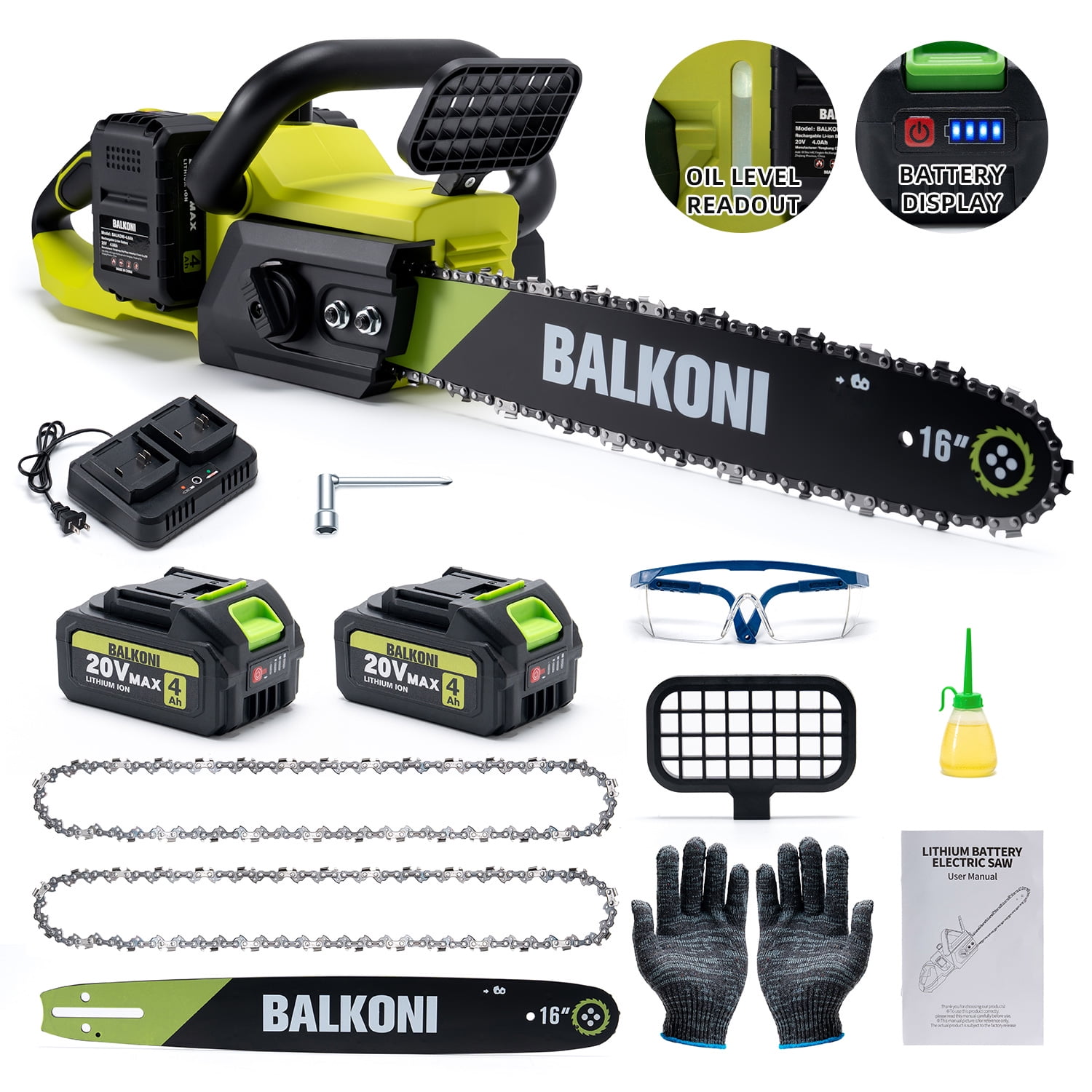 BALKONI 16 Inch Cordless Brushless Electric Chainsaw, High-Speed Motor with 2 Batteries (Green, 16 in) s7dwx
