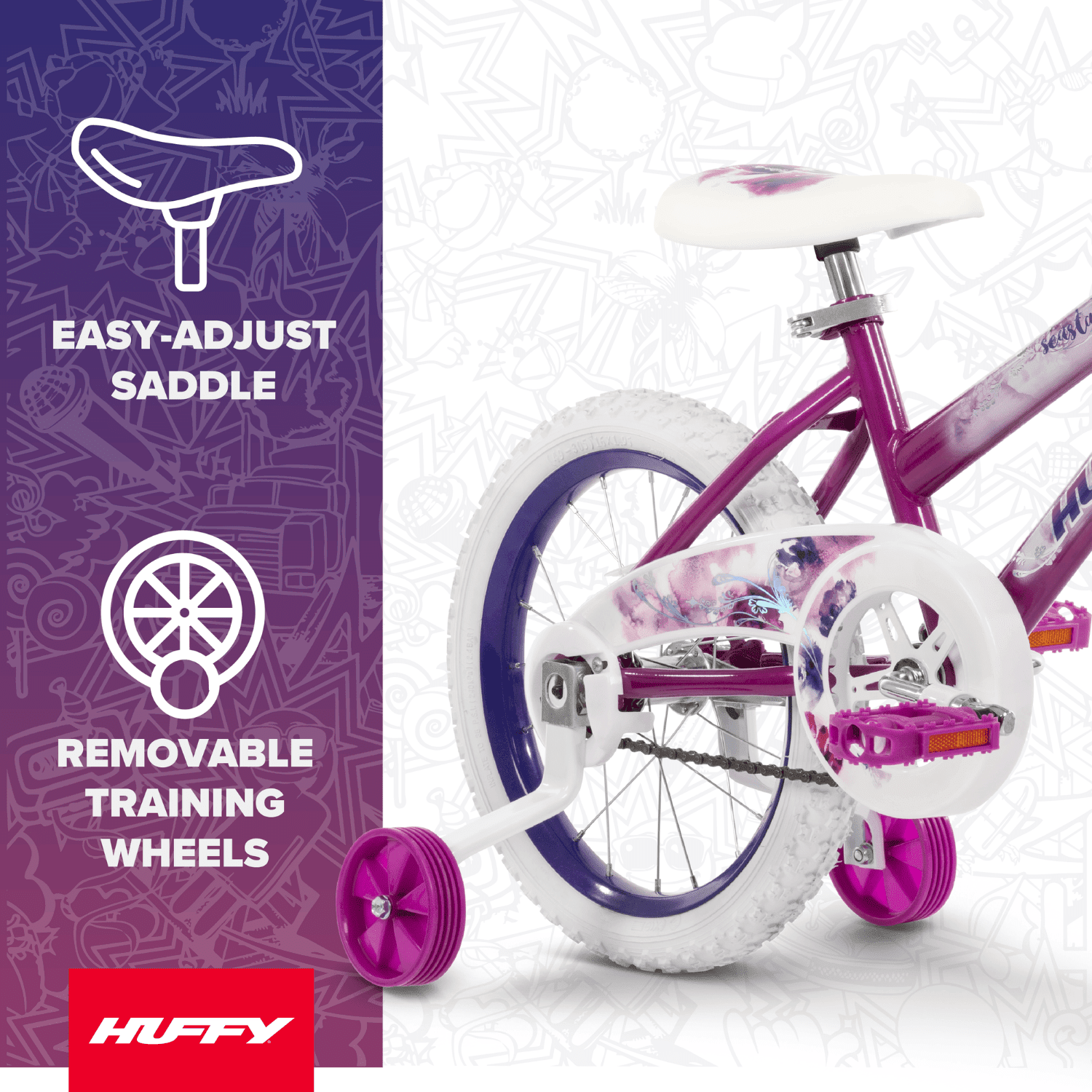 Huffy Sea Star Kids Bike for Girls, Durable Steel Frame with Training Wheels (Purple, 16 in) iiwqg