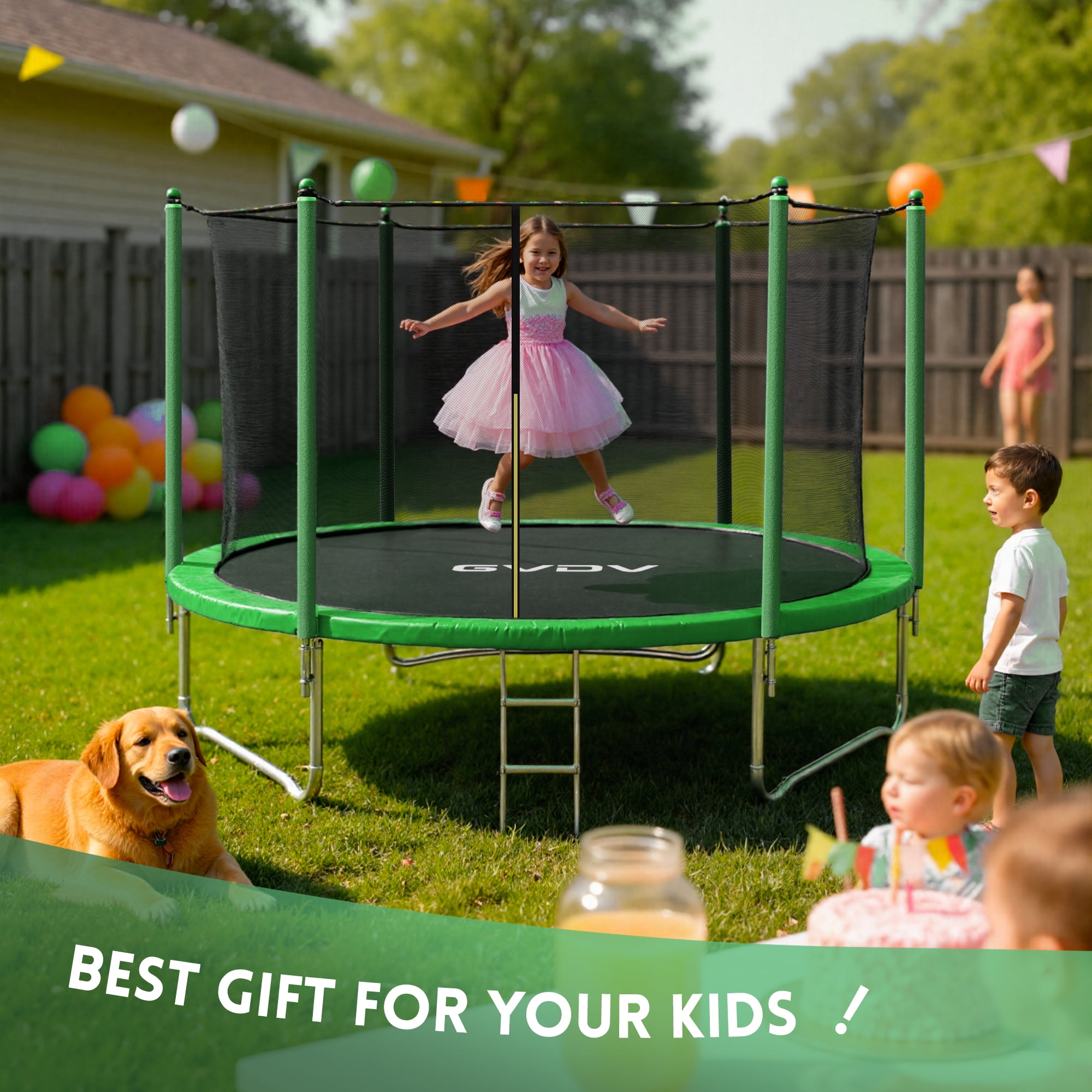 GVDV Outdoor Recreational Trampoline with Safety Enclosure Net (Green, 10 ft) i22mo