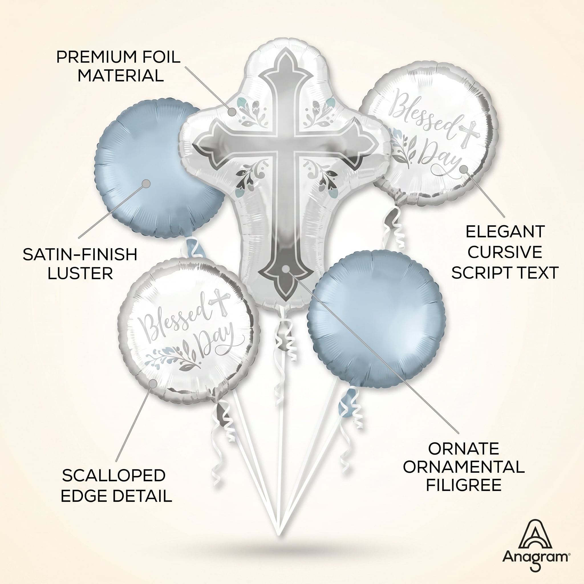 Anagram First Communion Balloon Bouquet (Blue and Silver, 5 Piece Set) 0lapm