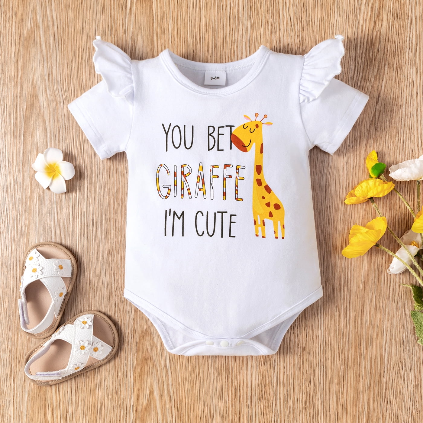 PatPat Baby Girl 3-Piece Outfit Set Giraffe Print Romper Shorts and Headband (Yellow, 0-3 Months) 78flh