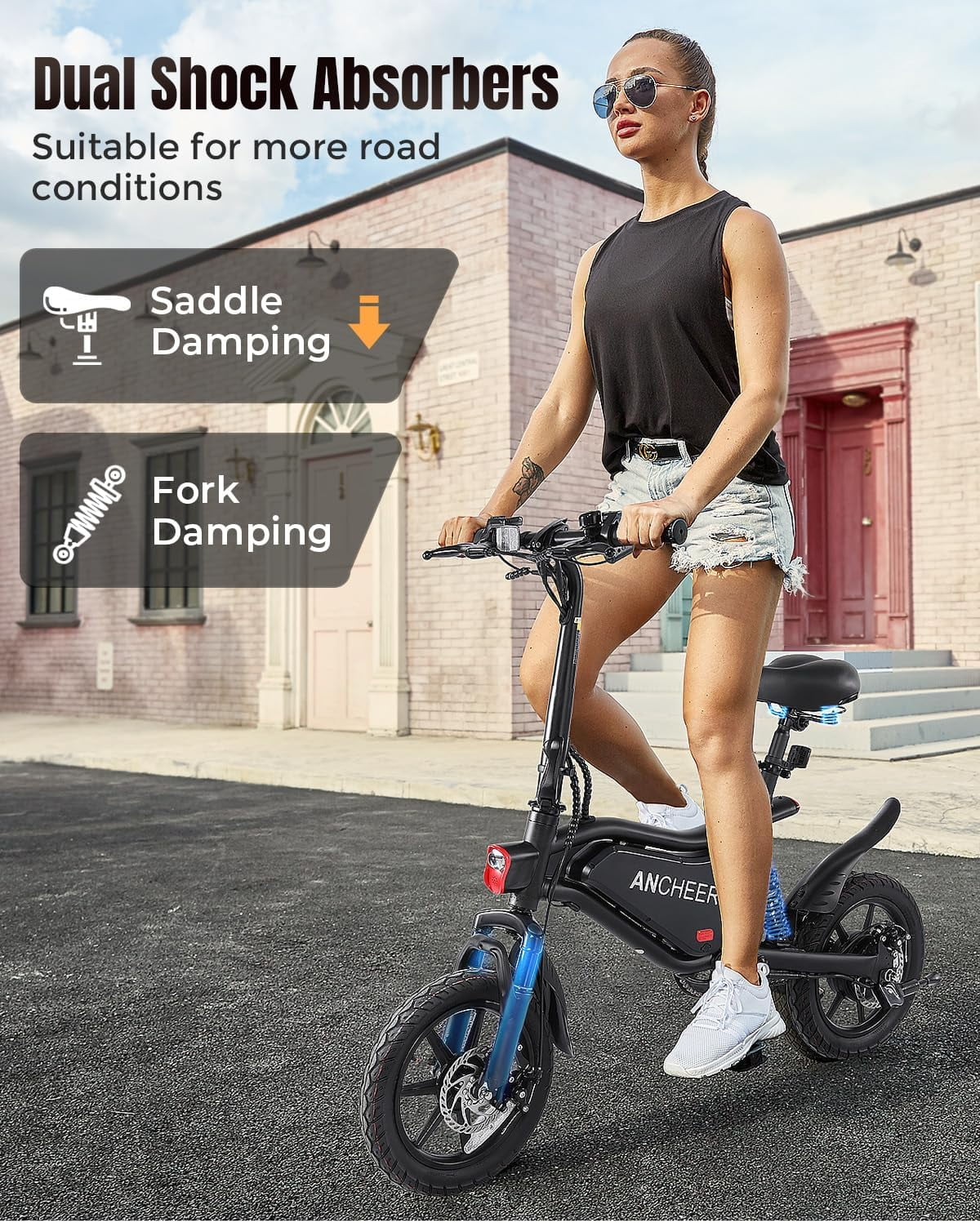 ANCHEER Peak 500W Electric Bike, Foldable Commuter E-Bike with Dual Suspension and LCD Display (Black, 14 in) hns0w