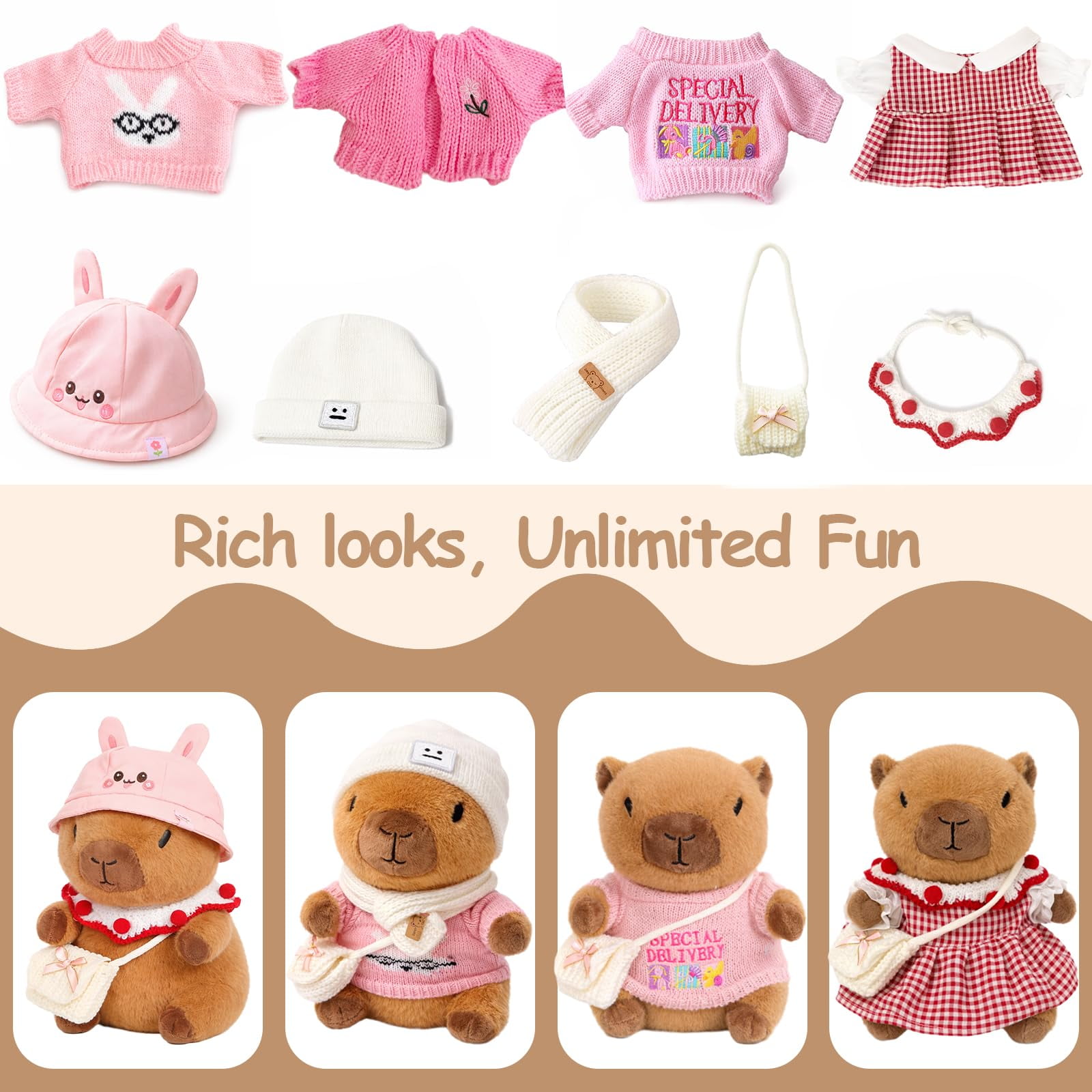 YSZZYSM Capybara Plush Toy with 9 Changeable Outfits and Accessories (Pink, 10.2 in) rcdmg